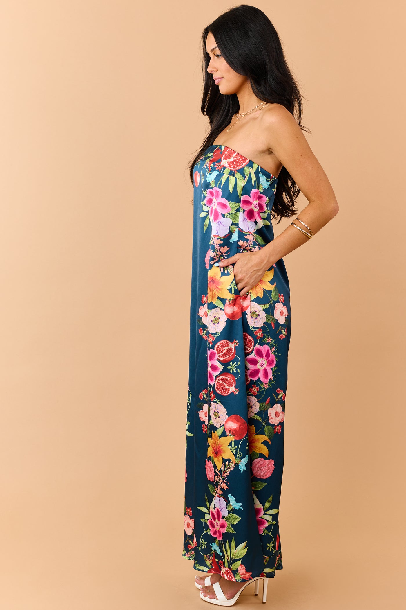 Sea Blue Satin Floral Print Strapless Maxi Dress