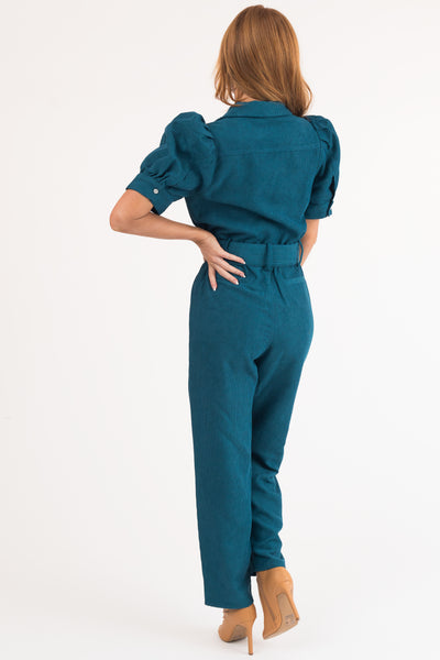Sea Blue Short Sleeve Collared Corduroy Jumpsuit