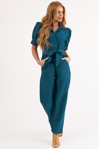 Sea Blue Short Sleeve Collared Corduroy Jumpsuit