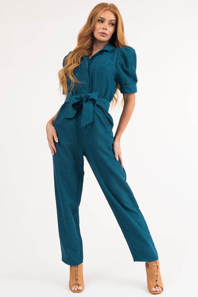 Sea Blue Short Sleeve Collared Corduroy Jumpsuit
