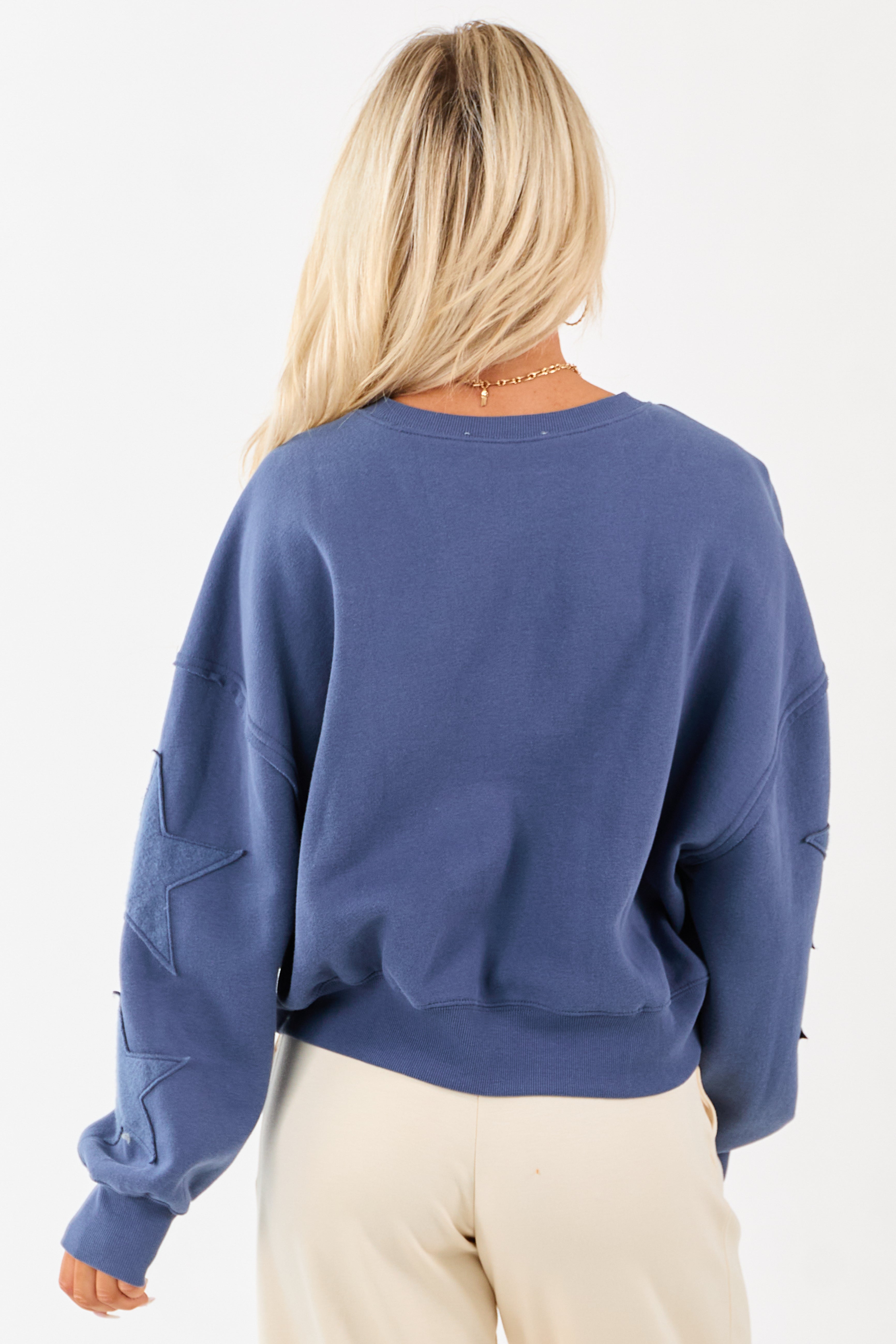 Sea Blue Star Patch Pullover Crew Neck Sweatshirt