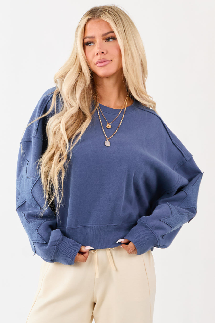 Sea Blue Star Patch Pullover Crew Neck Sweatshirt