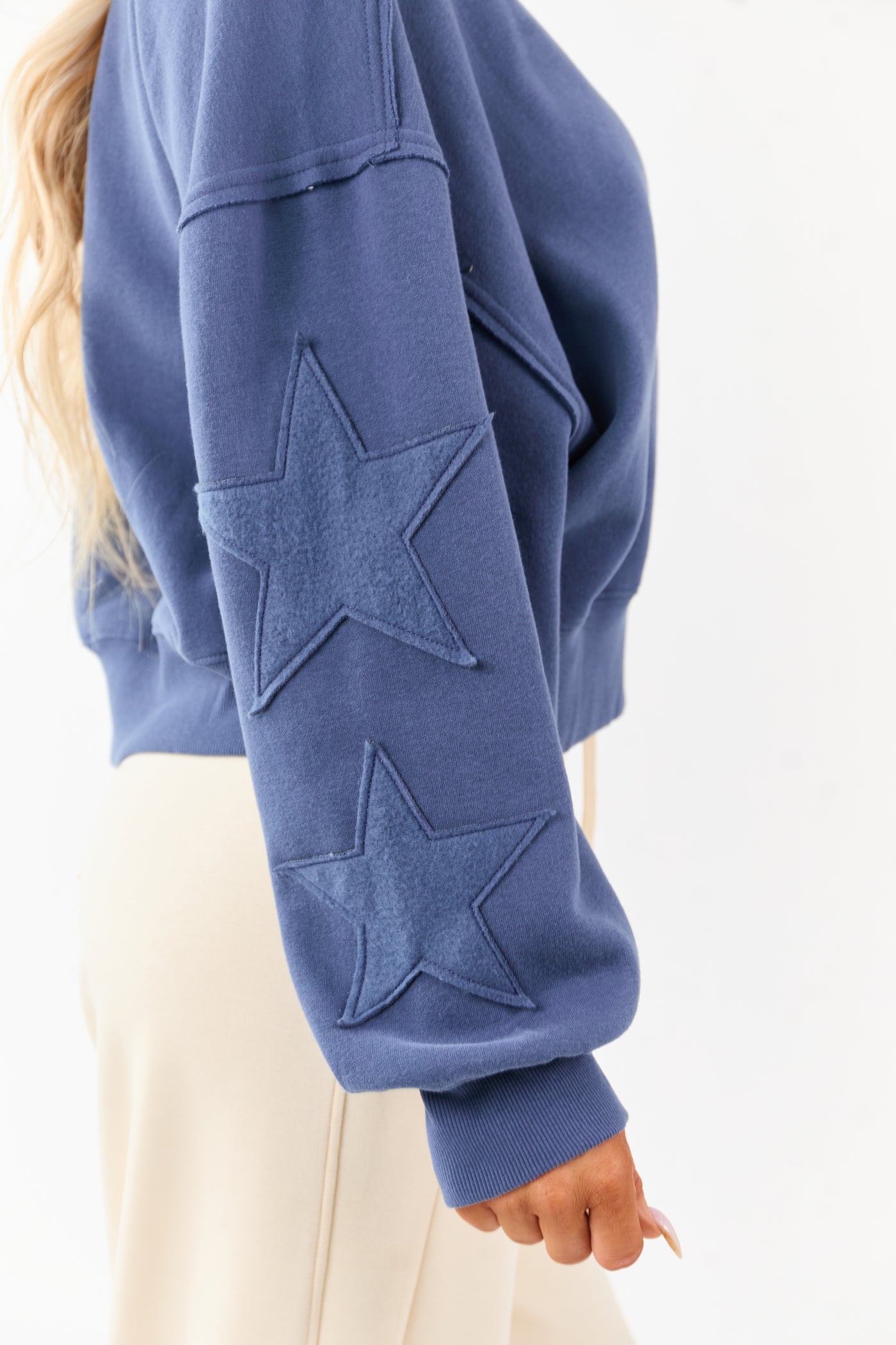 Sea Blue Star Patch Pullover Crew Neck Sweatshirt