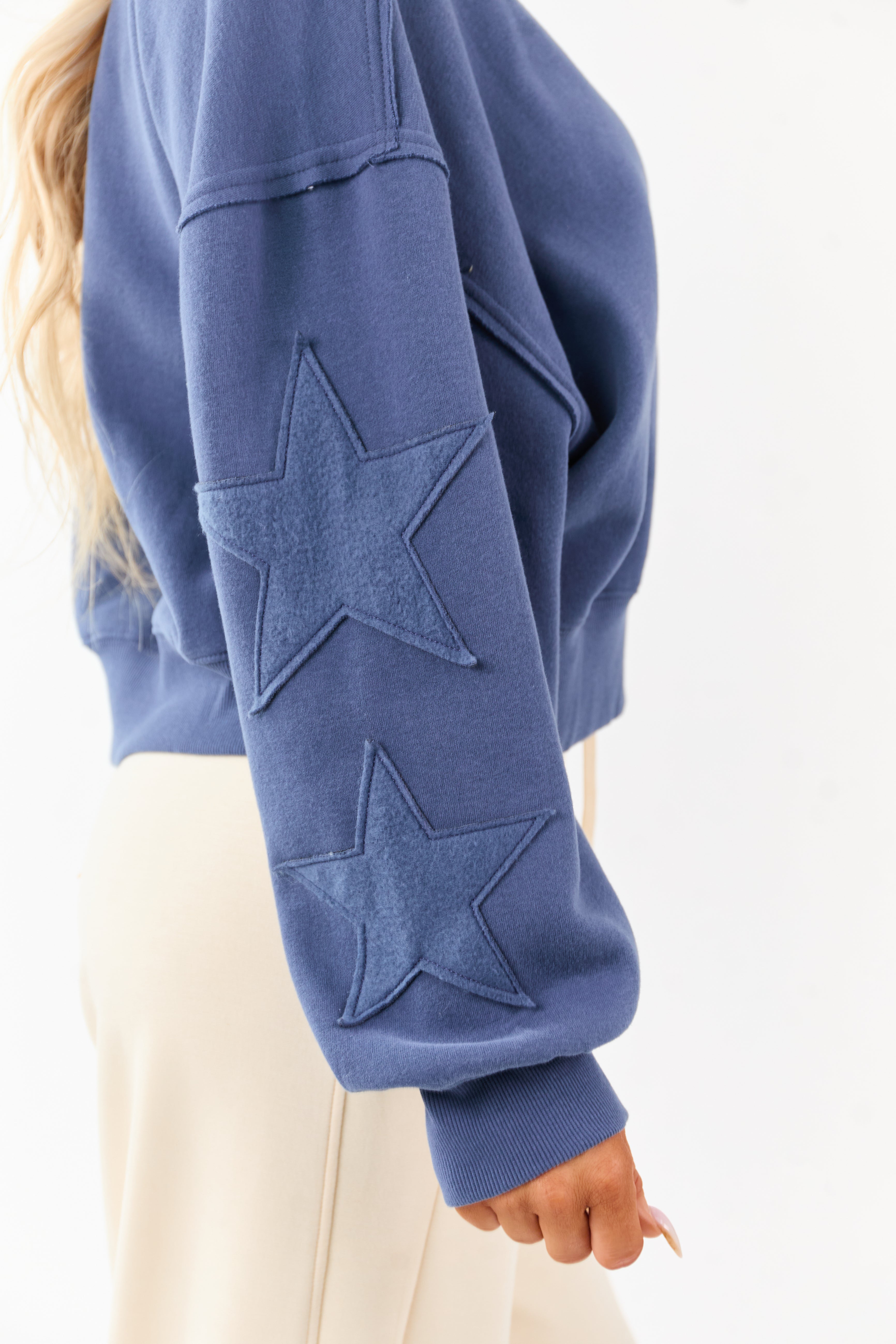 Sea Blue Star Patch Pullover Crew Neck Sweatshirt