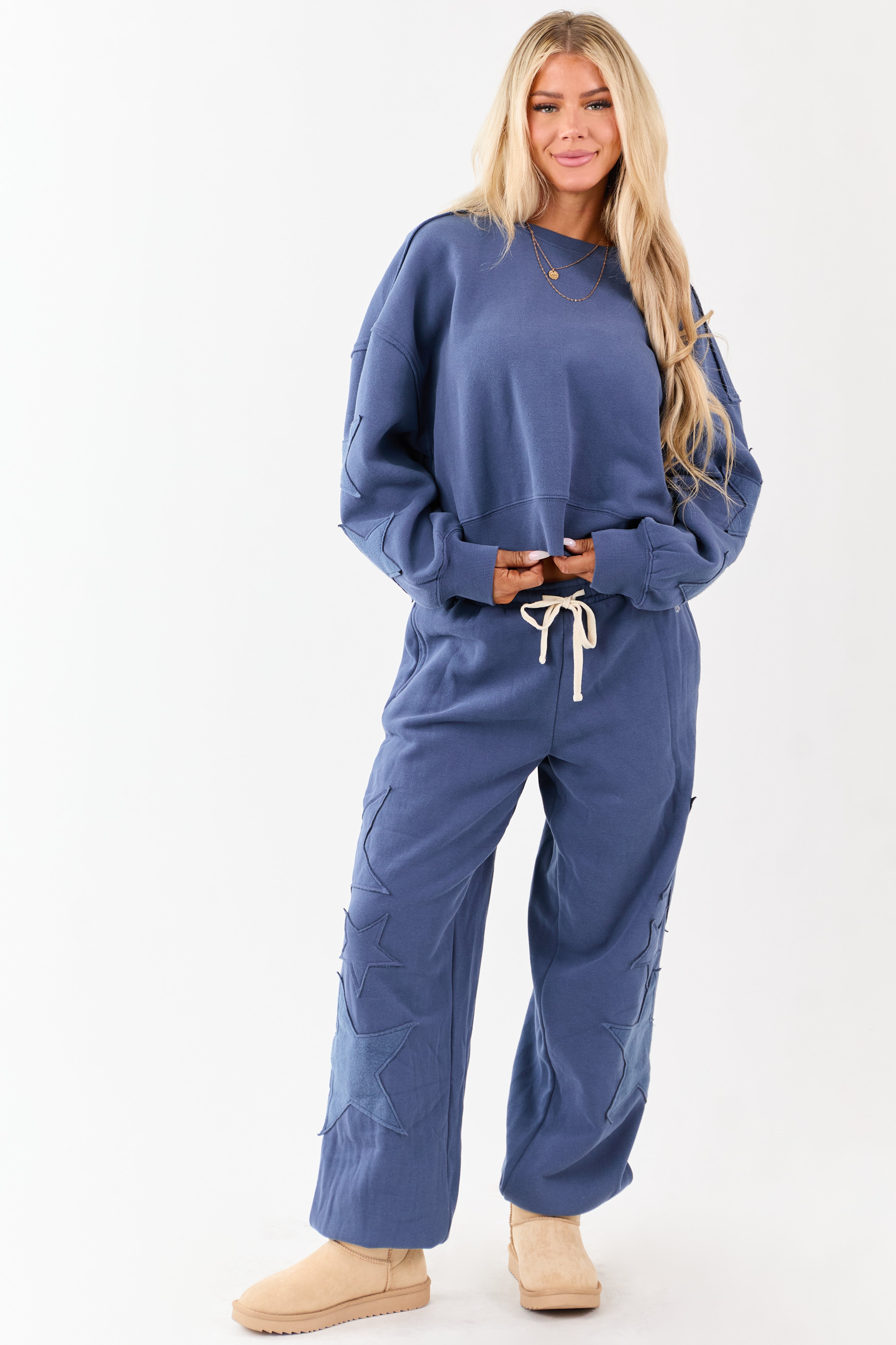 Sea Blue Star Patch Pullover Crew Neck Sweatshirt