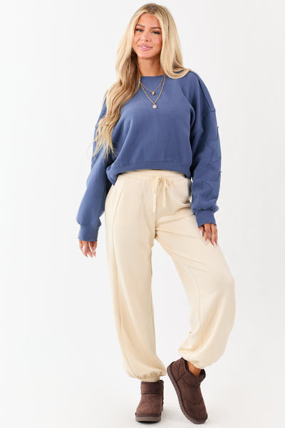 Sea Blue Star Patch Pullover Crew Neck Sweatshirt