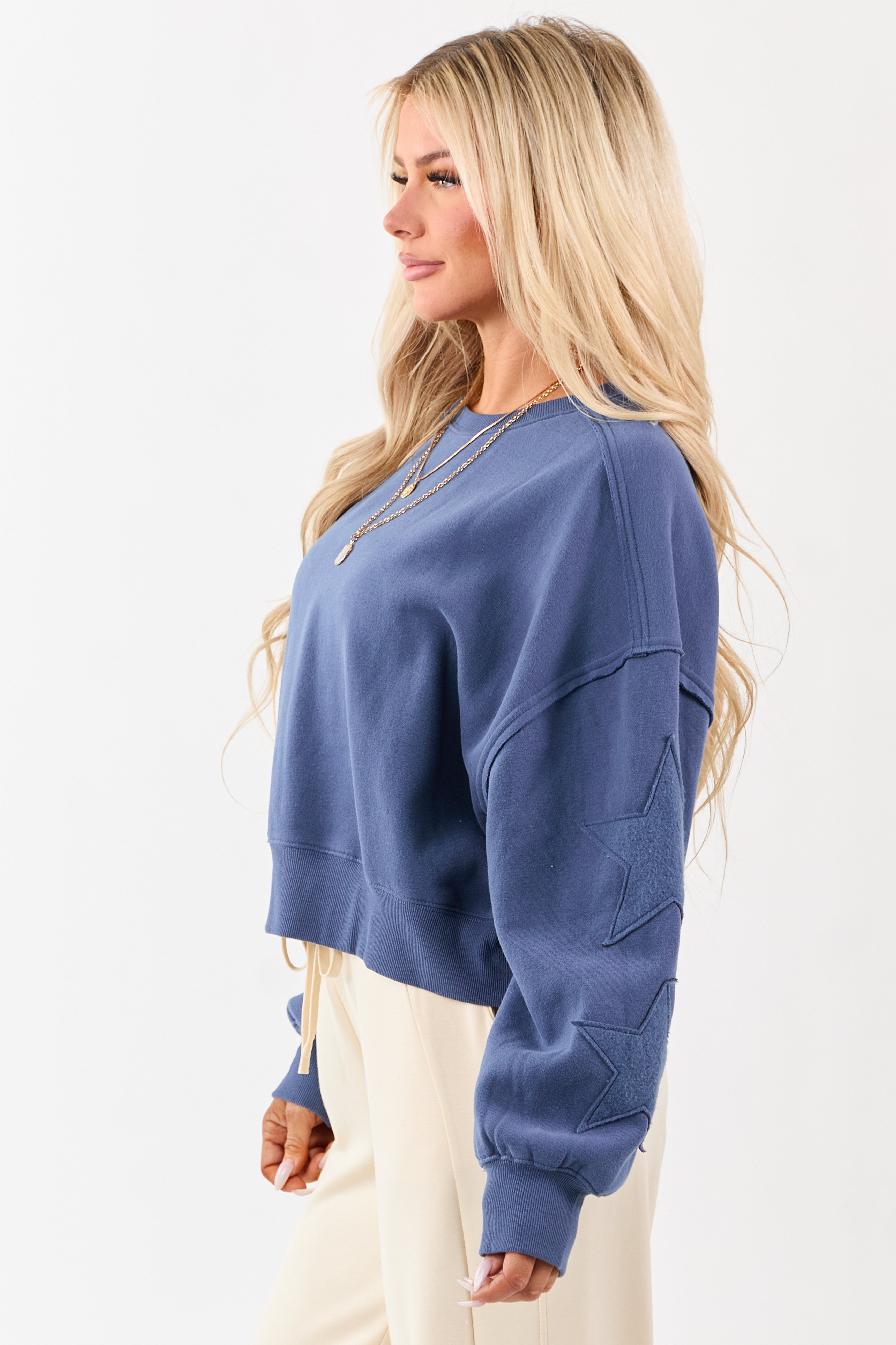 Sea Blue Star Patch Pullover Crew Neck Sweatshirt