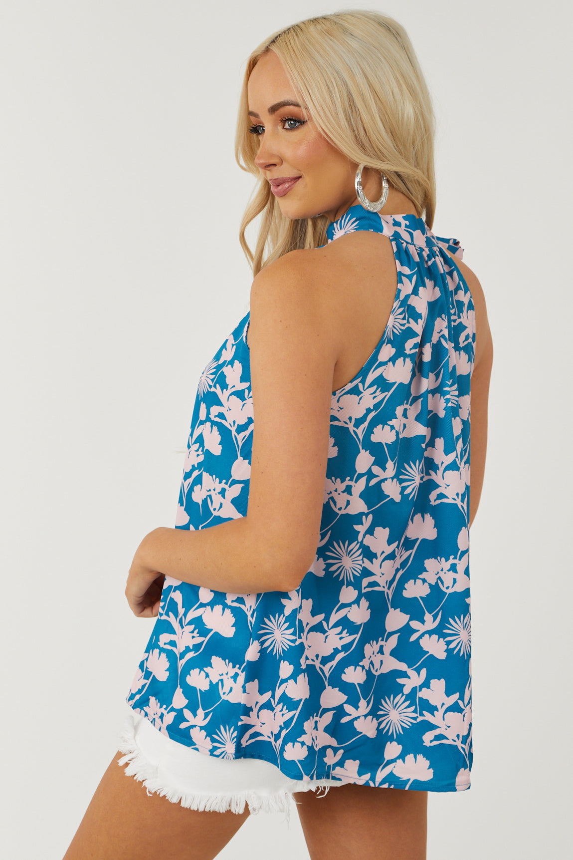 Sea Blue and Cherry Blossom Floral Halter Neck Top