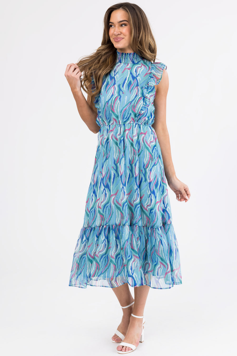 Seafoam Abstract Print Ruffled Midi Dress