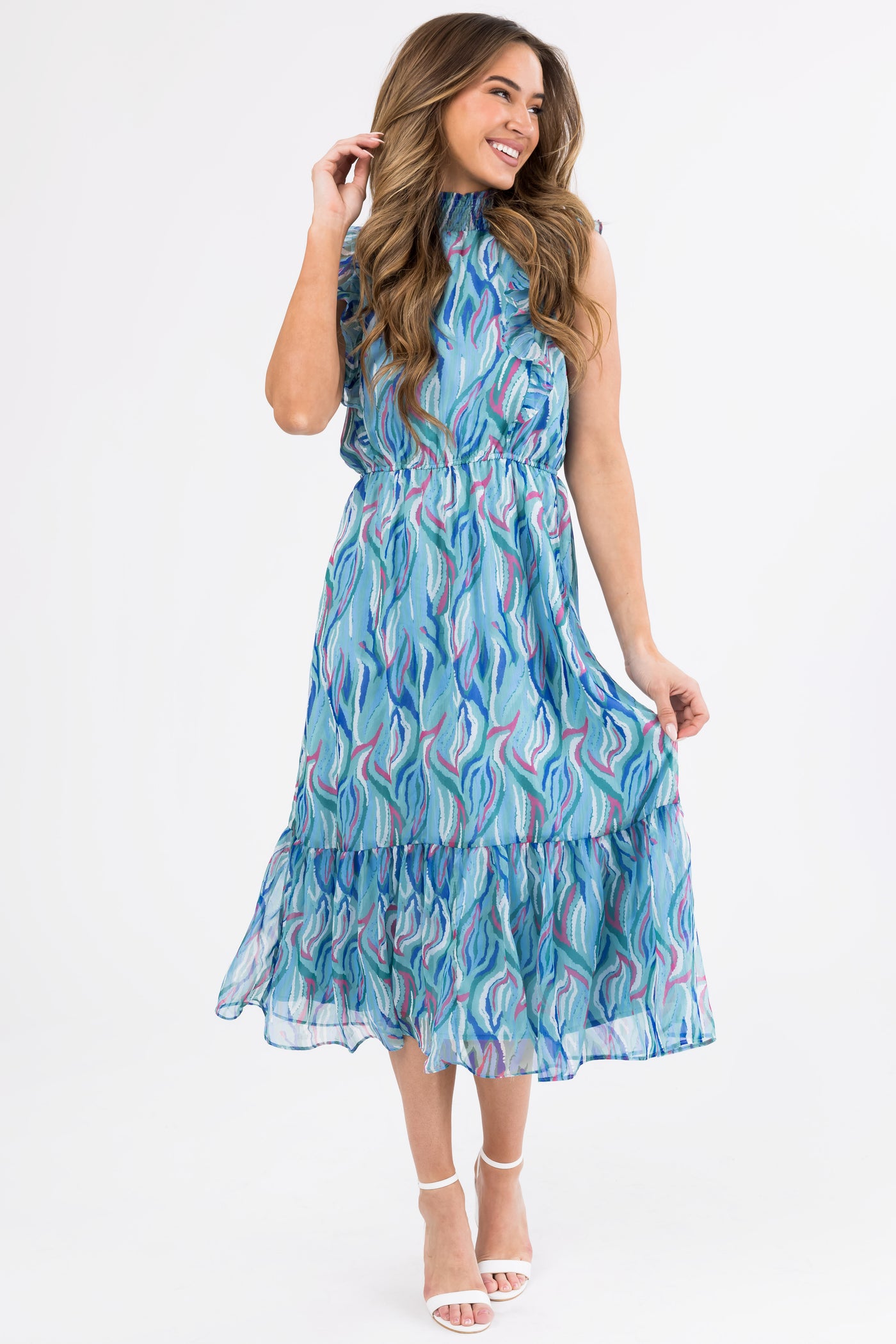 Seafoam Abstract Print Ruffled Midi Dress Seafoam Abstract Print Ruffled Midi Dress