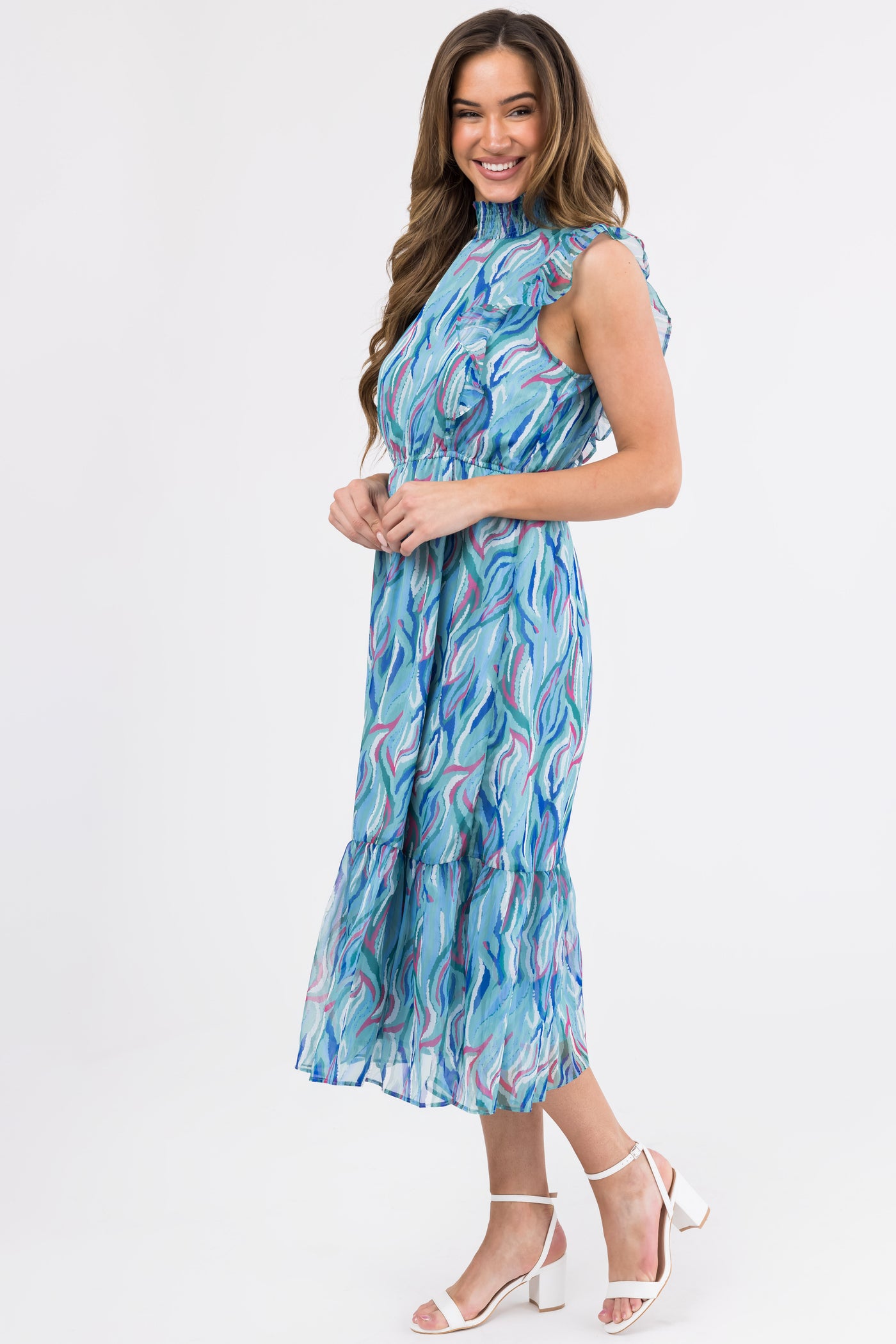 Seafoam Abstract Print Ruffled Midi Dress Seafoam Abstract Print Ruffled Midi Dress