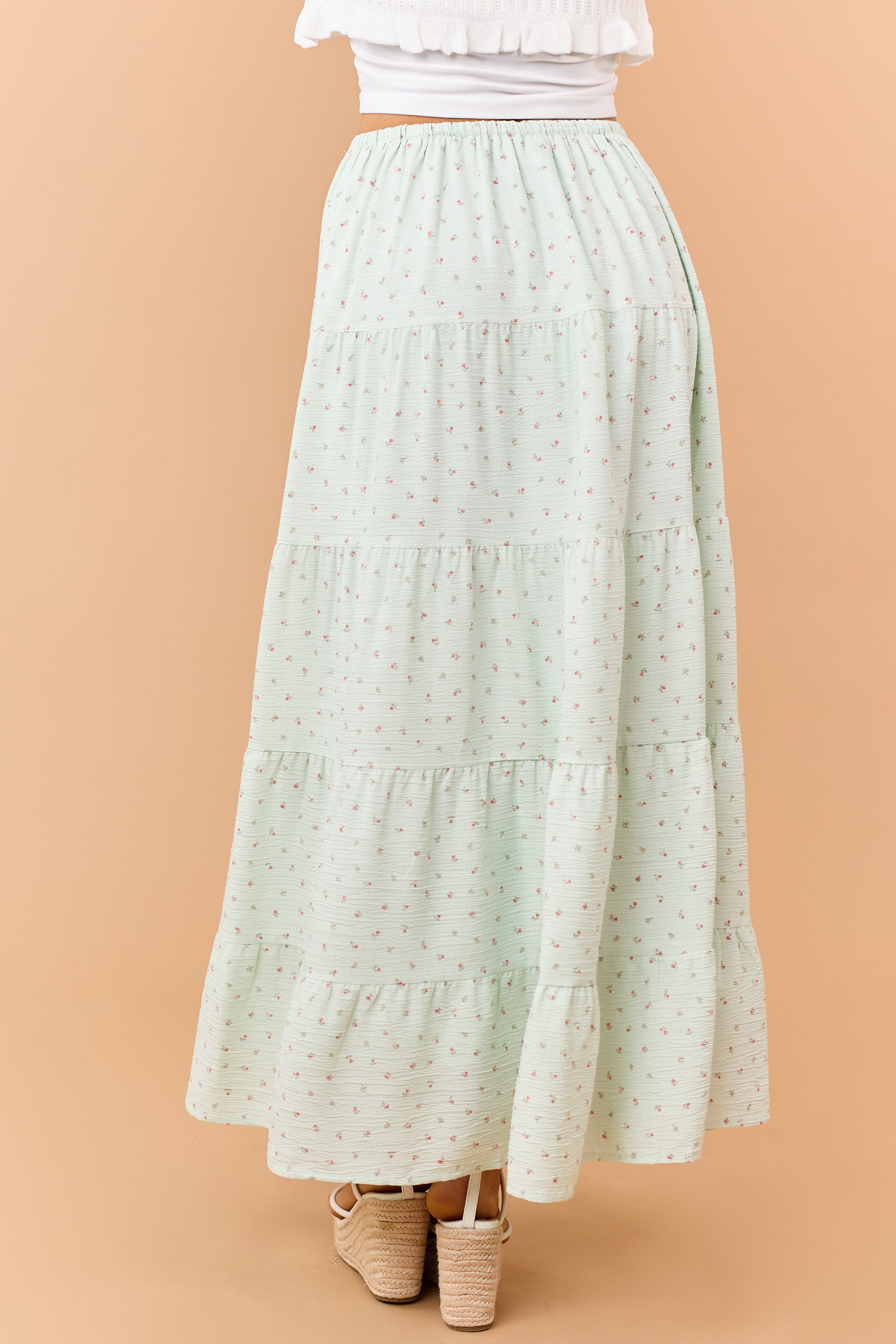 Seafoam Ditsy Floral Tiered Drawstring Maxi Skirt