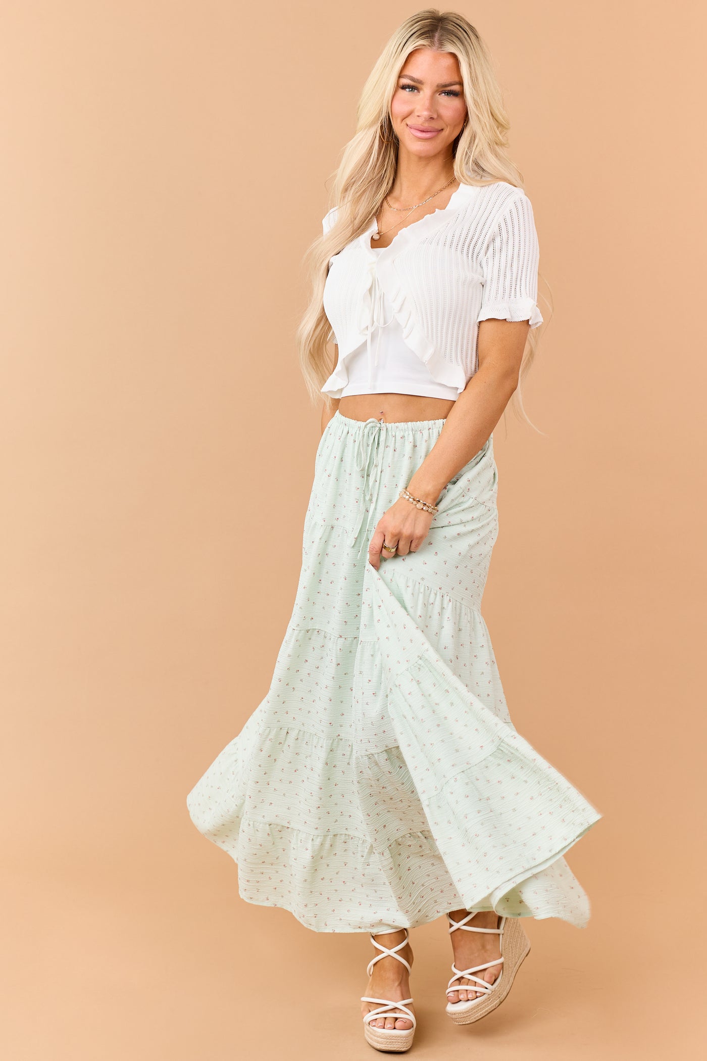 Seafoam Ditsy Floral Tiered Drawstring Maxi Skirt