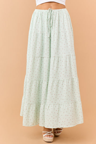 Seafoam Ditsy Floral Tiered Drawstring Maxi Skirt