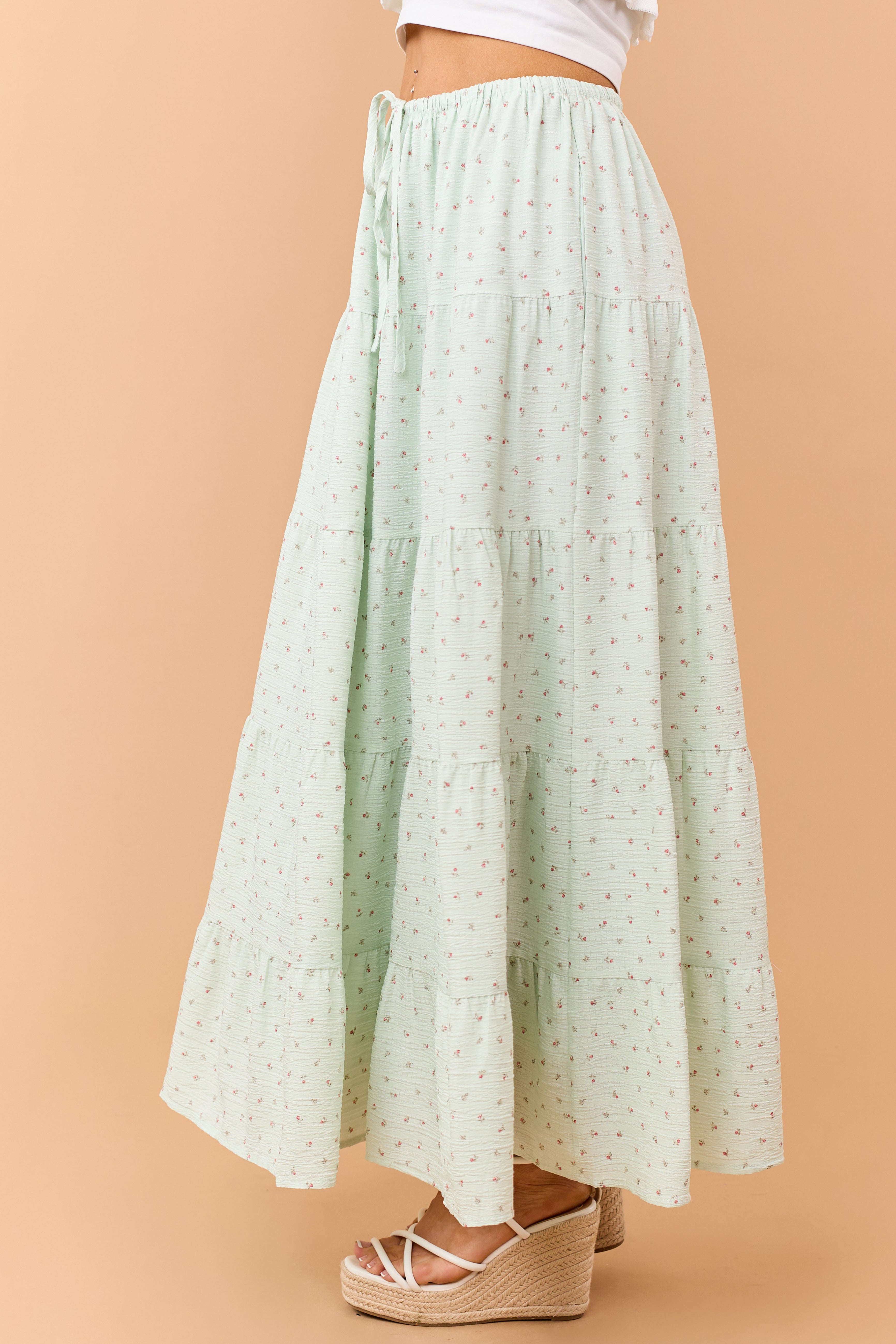 Seafoam Ditsy Floral Tiered Drawstring Maxi Skirt