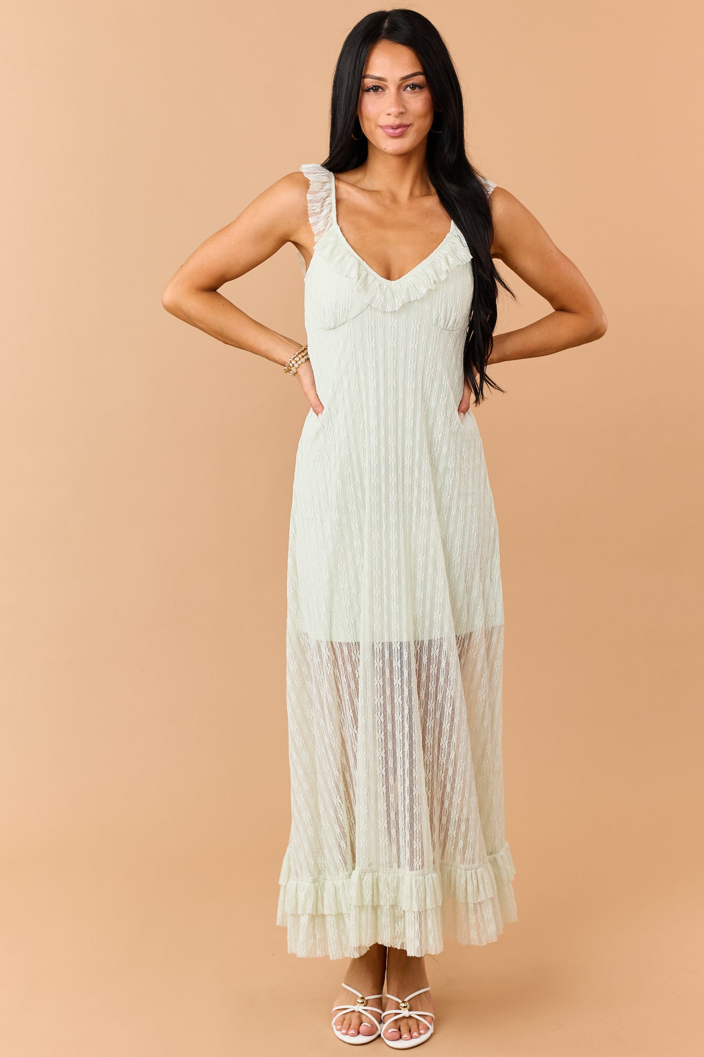 Seafoam Floral Lace Ruffle Trim Maxi Dress