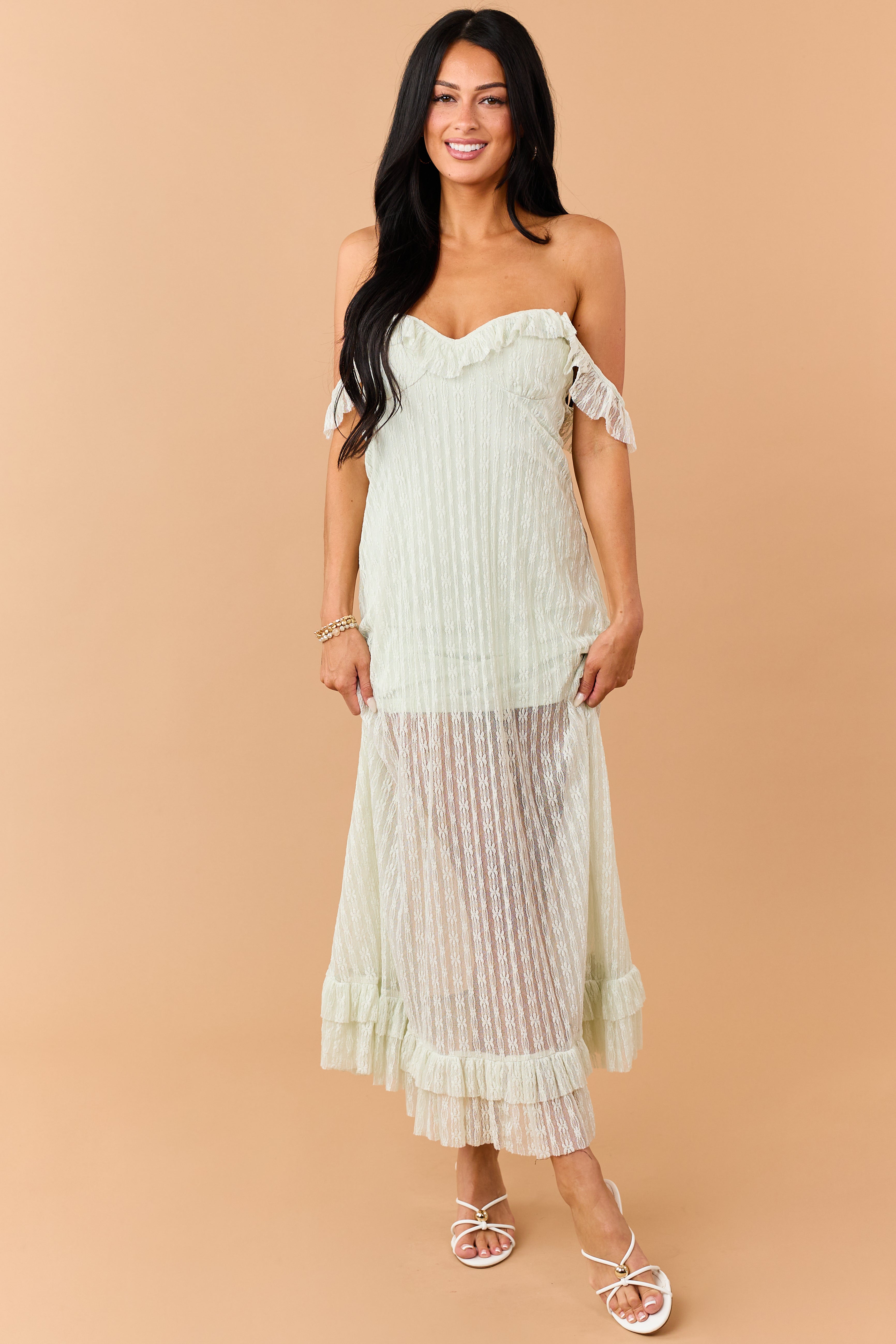 Seafoam Floral Lace Ruffle Trim Maxi Dress