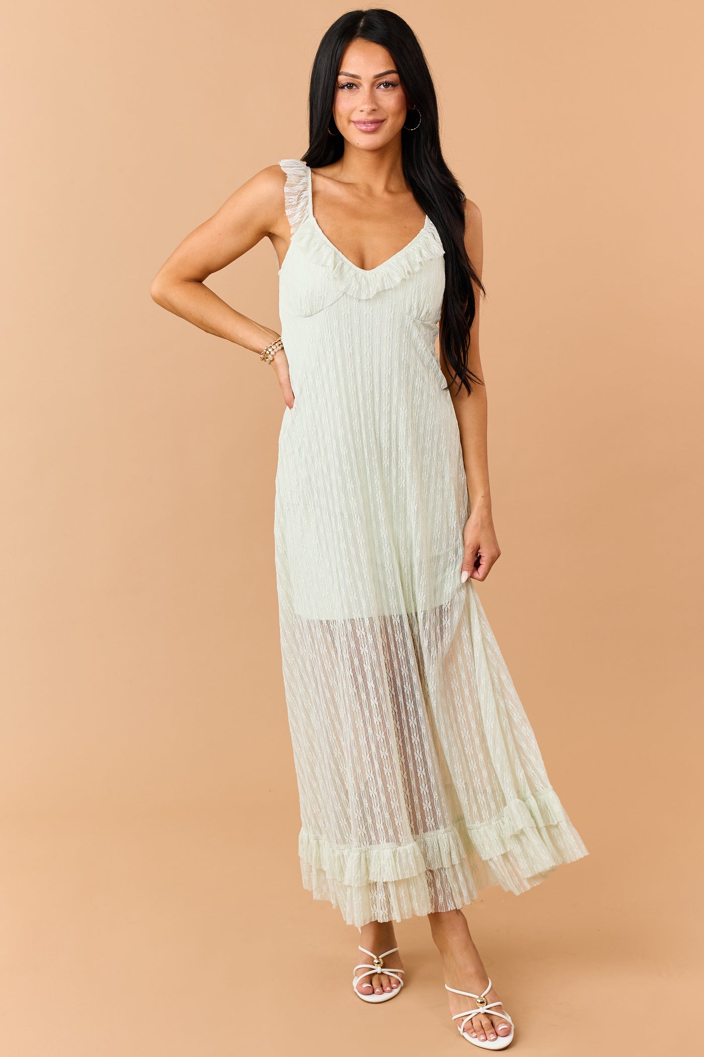 Seafoam Floral Lace Ruffle Trim Maxi Dress