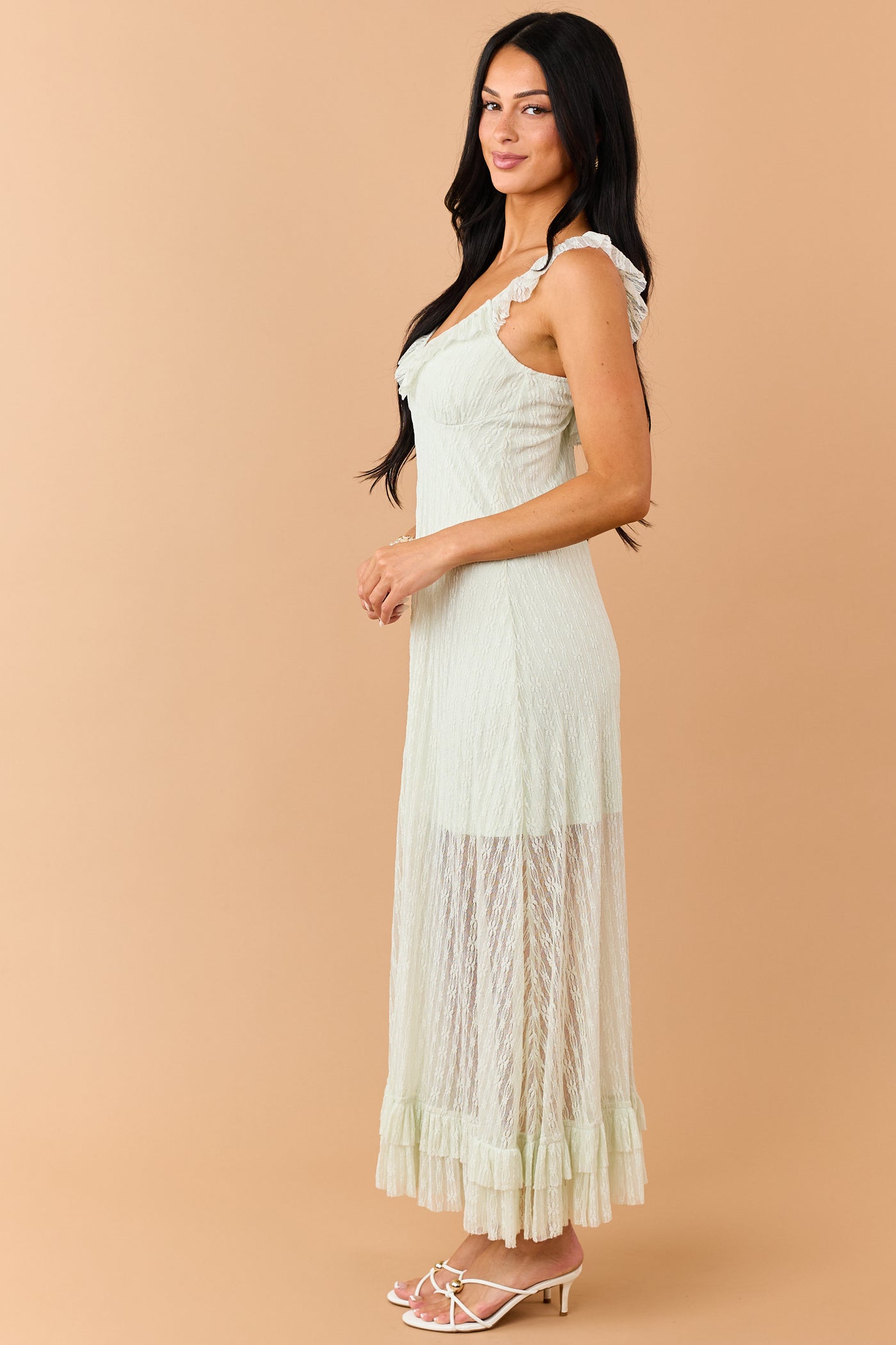 Seafoam Floral Lace Ruffle Trim Maxi Dress
