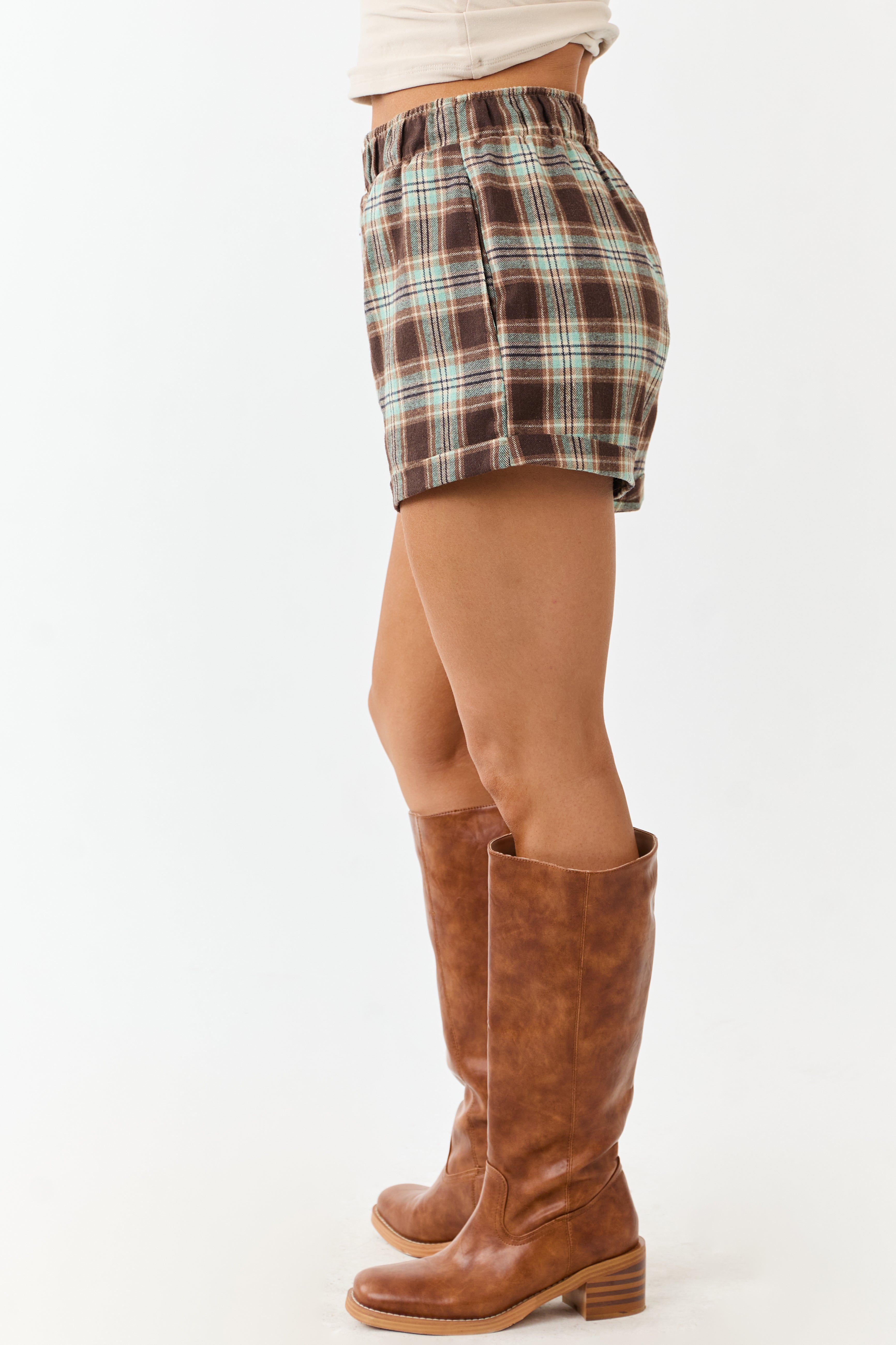Seafoam High Waisted Plaid Boxy Shorts