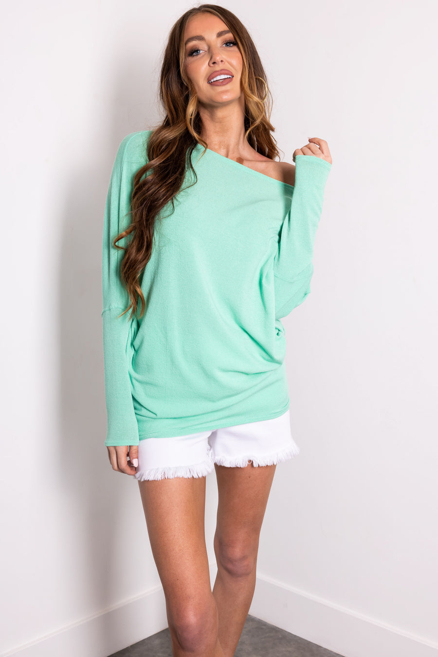 Seafoam Round Neck Knit Top with Long Dolman Sleeves