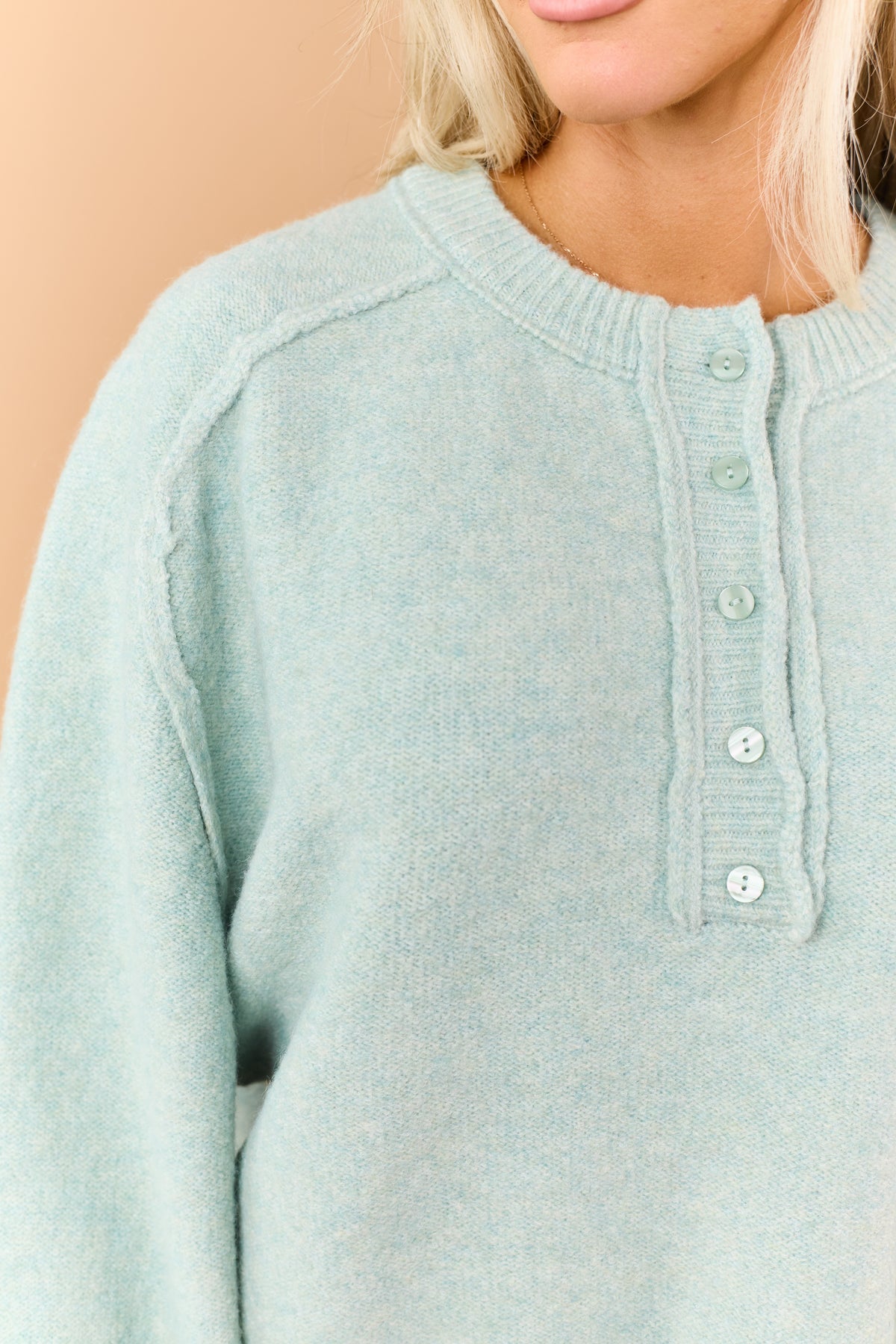 Seafoam Soft Knit Henley Reverse Seam Sweater