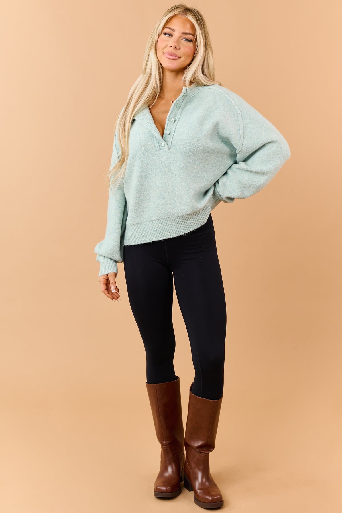 Seafoam Soft Knit Henley Reverse Seam Sweater