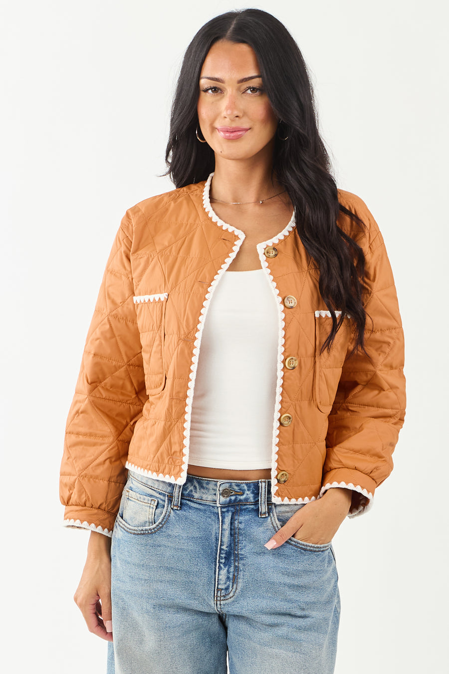 Sedona Button Up Contrast Scallop Trim Quilted Jacket