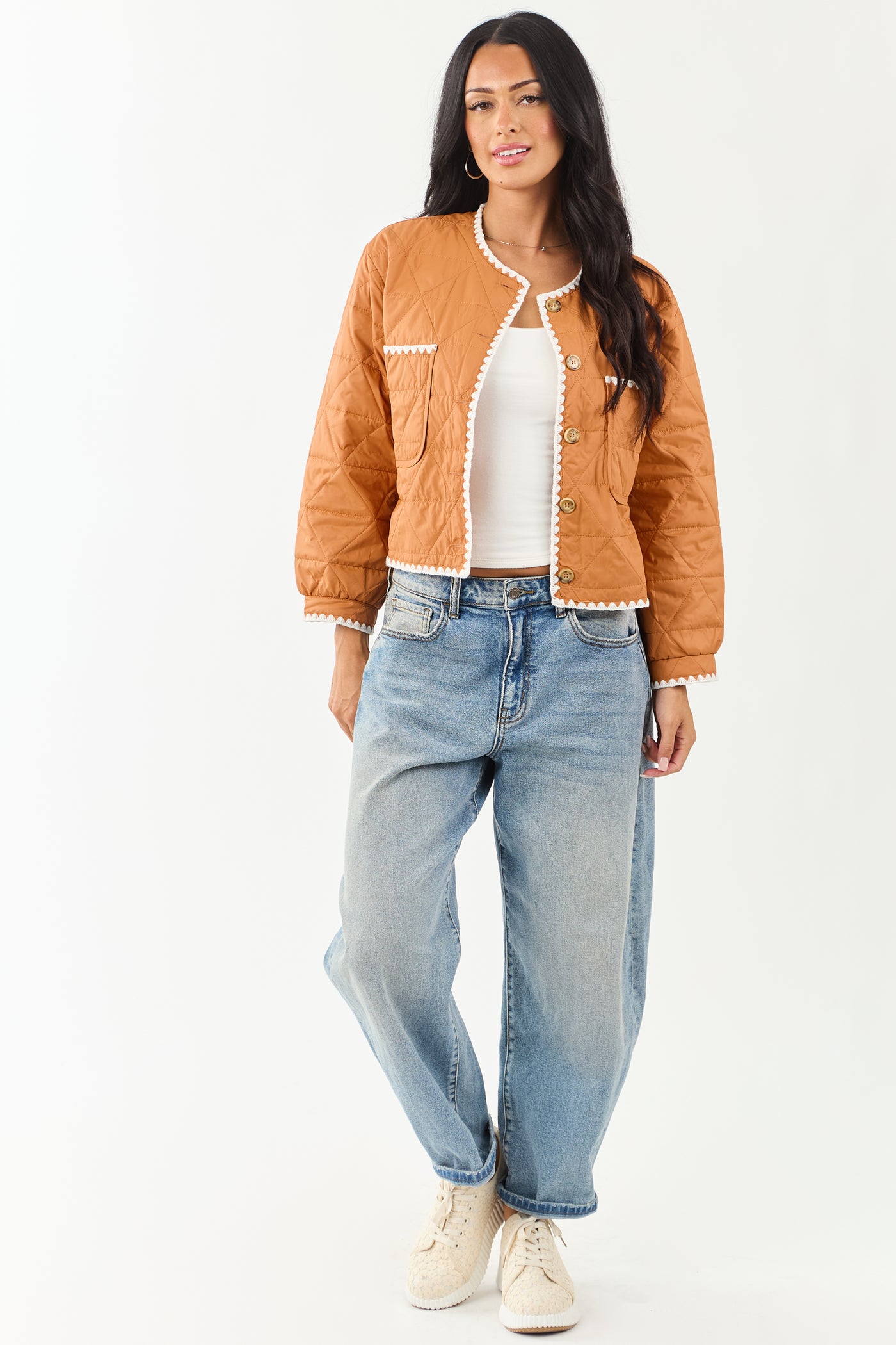 Sedona Button Up Contrast Scallop Trim Quilted Jacket