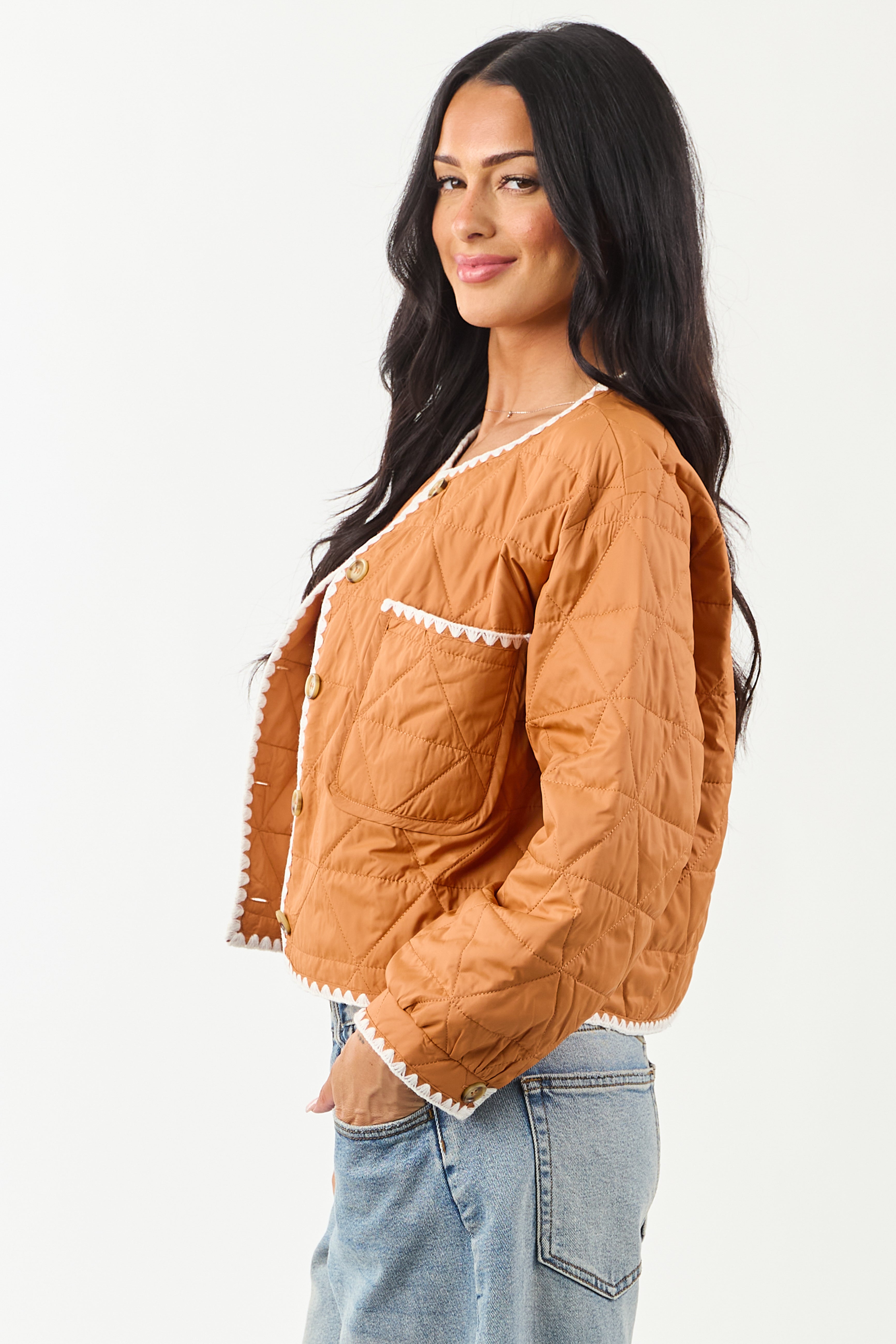 Sedona Button Up Contrast Scallop Trim Quilted Jacket