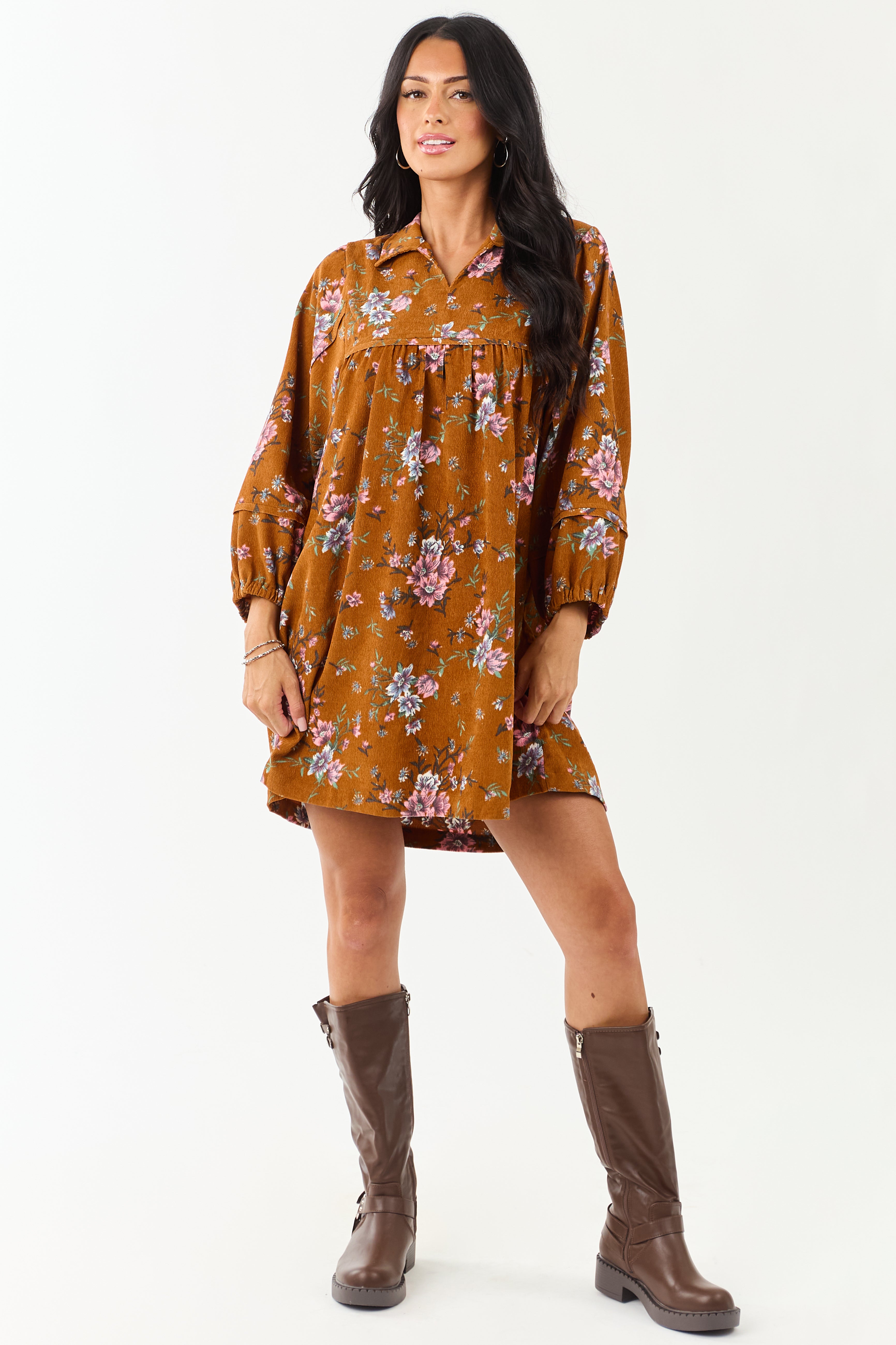 Sedona Floral Corduroy Long Sleeve Short Dress