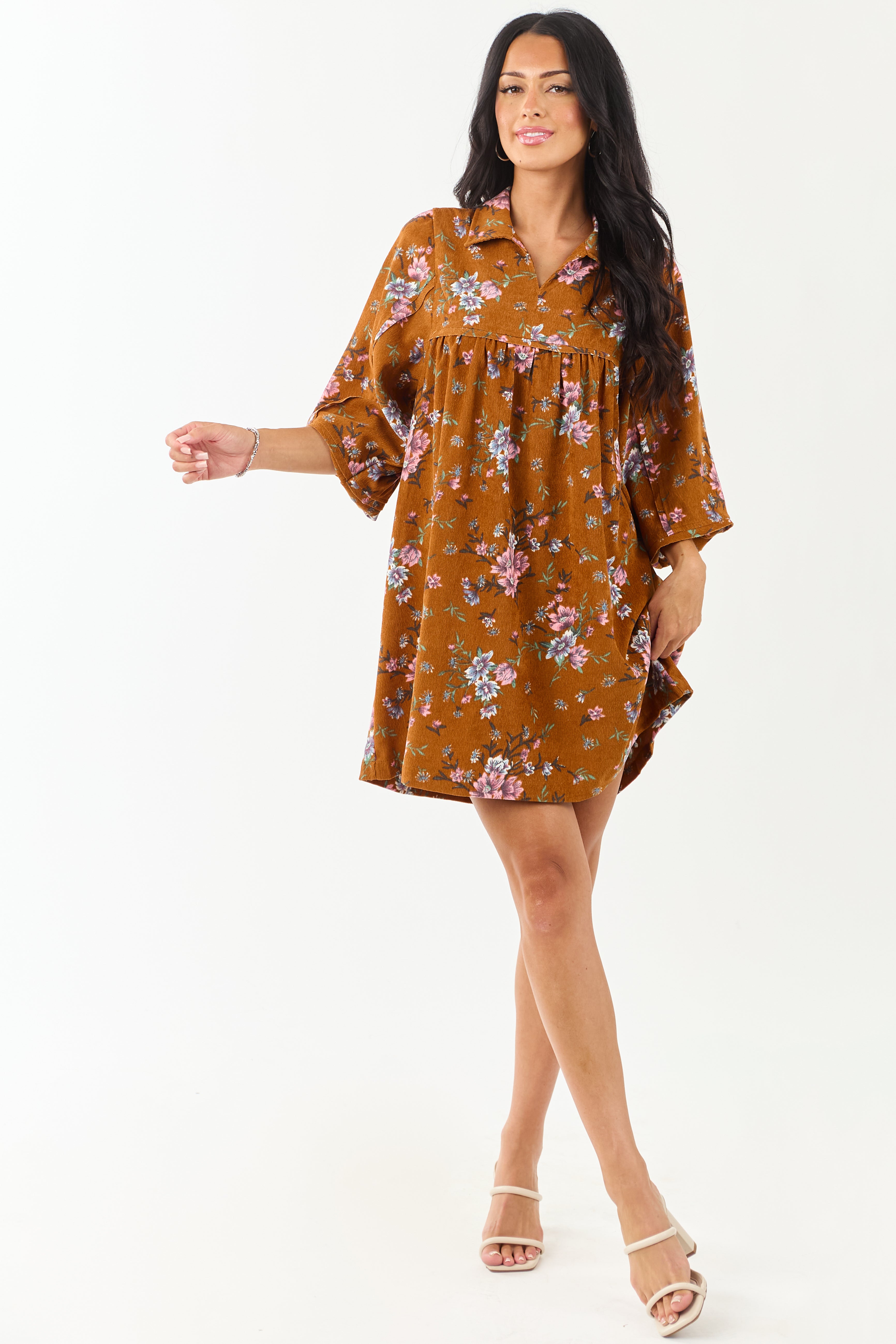 Sedona Floral Corduroy Long Sleeve Short Dress