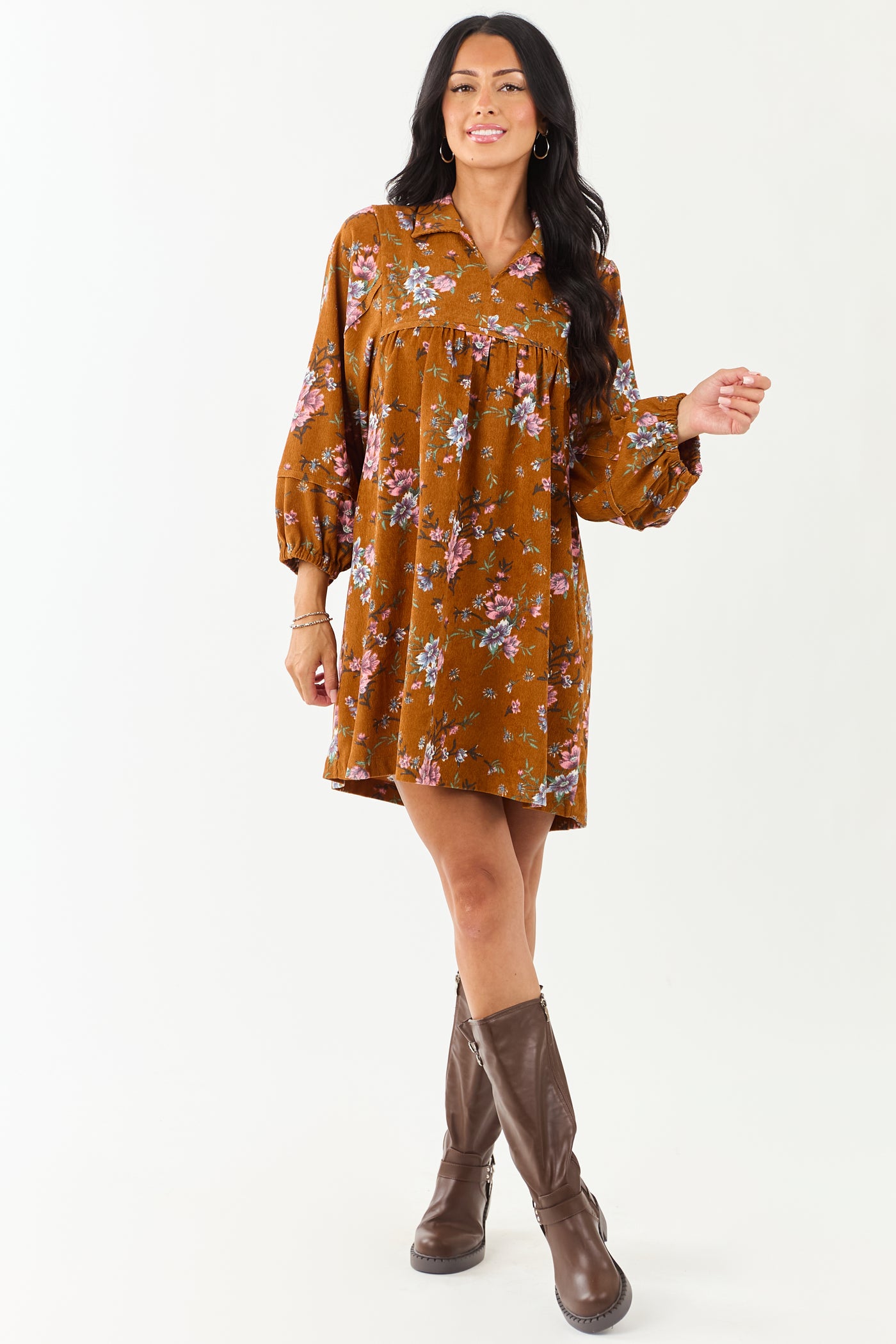 Sedona Floral Corduroy Long Sleeve Short Dress