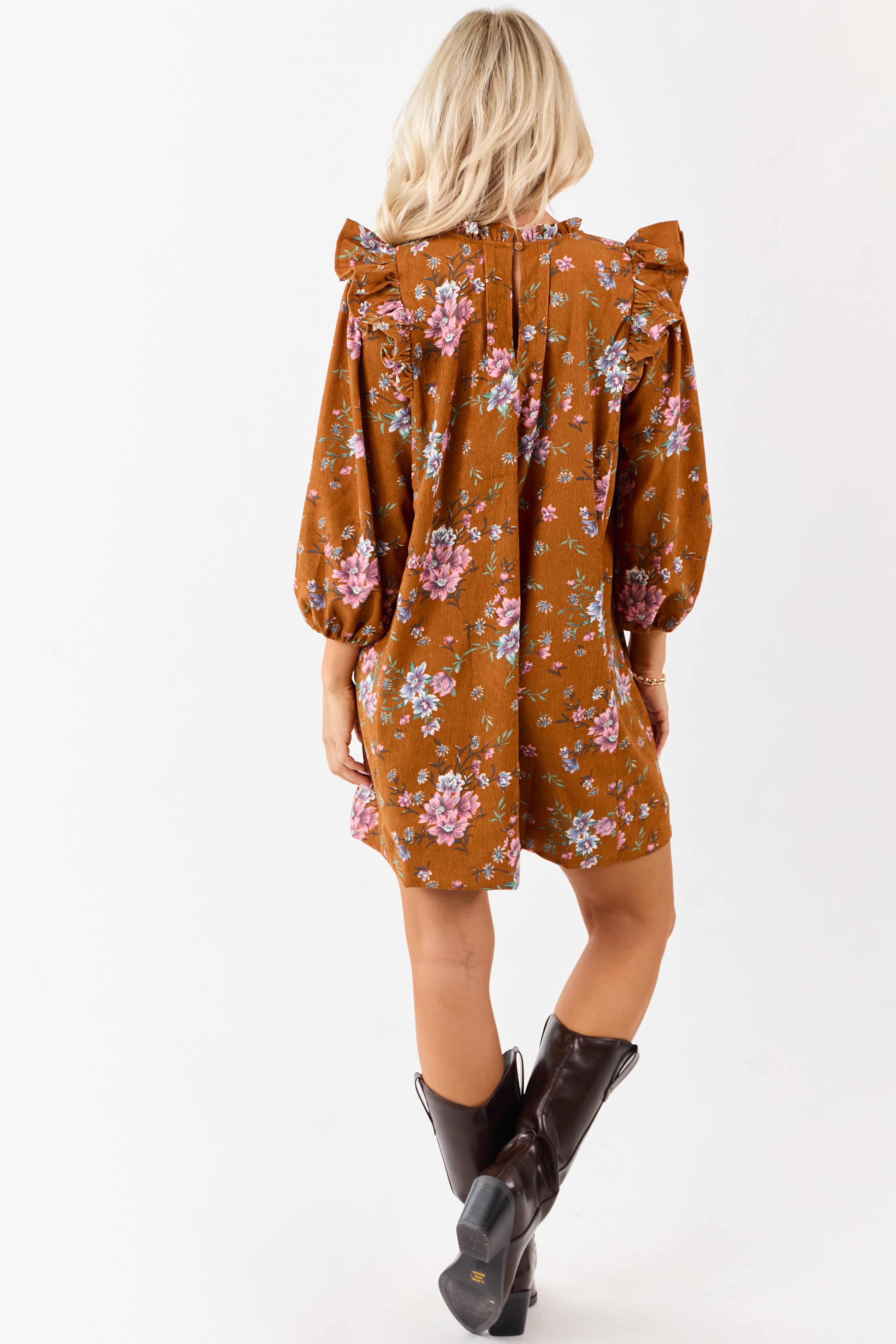 Sedona Floral Corduroy Pintuck Ruffle Mini Dress