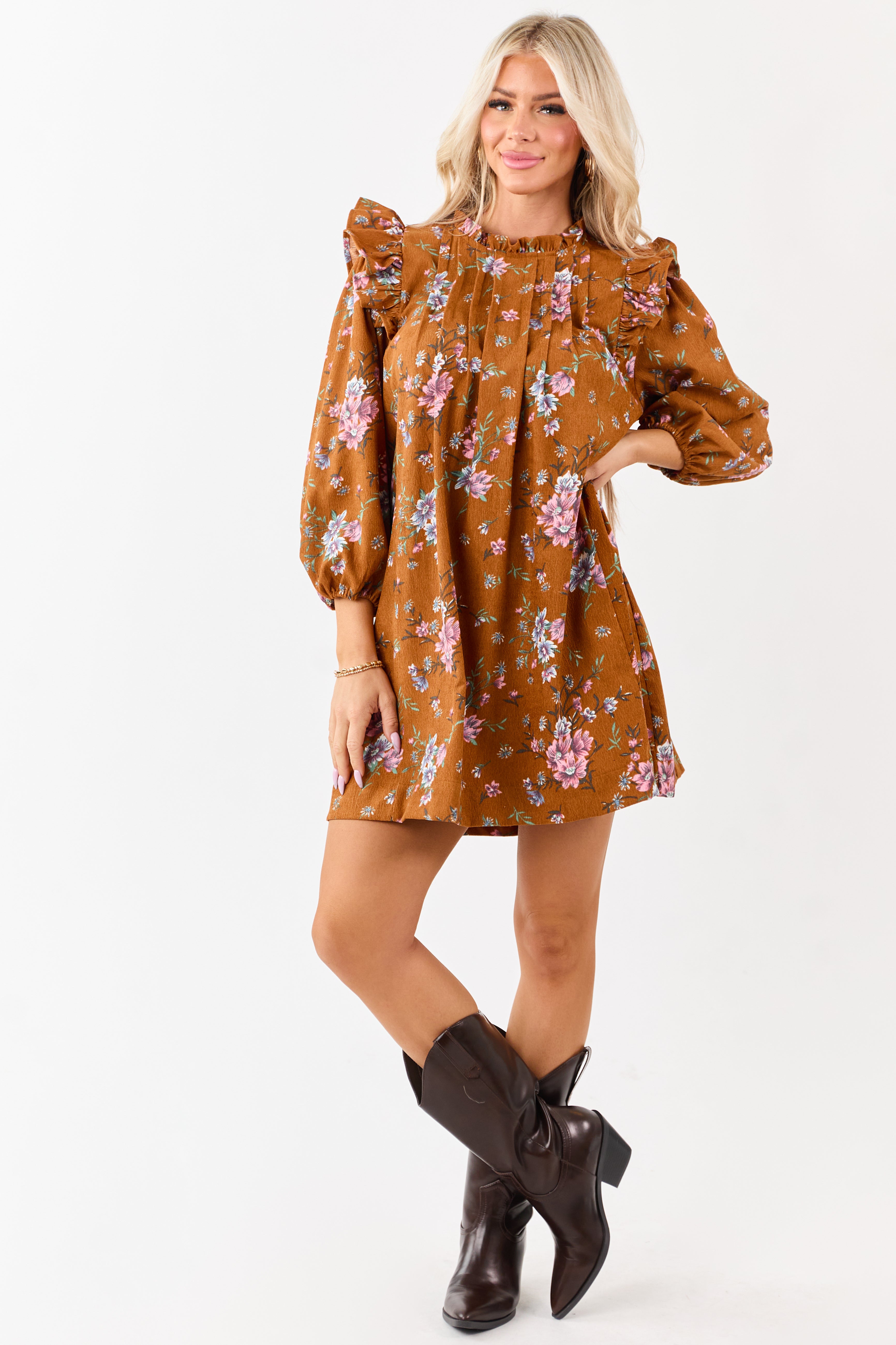 Sedona Floral Corduroy Pintuck Ruffle Mini Dress