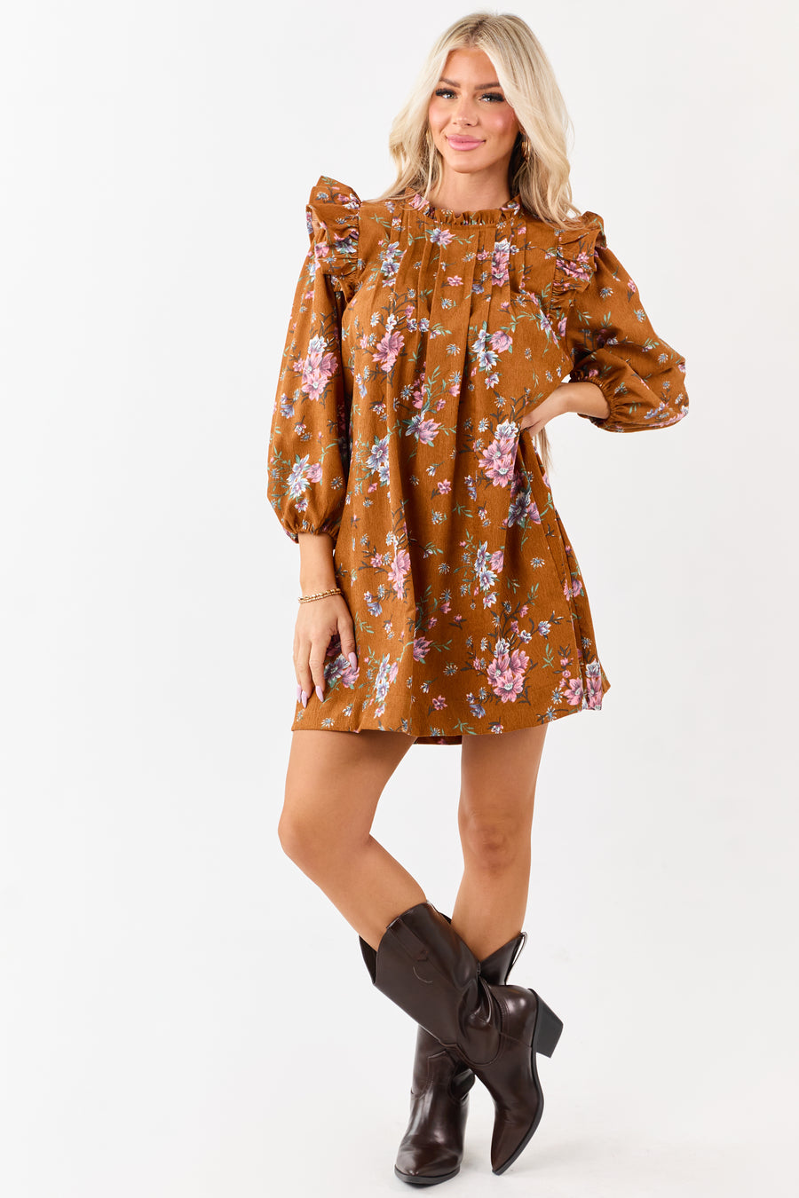 Sedona Floral Corduroy Pintuck Ruffle Mini Dress