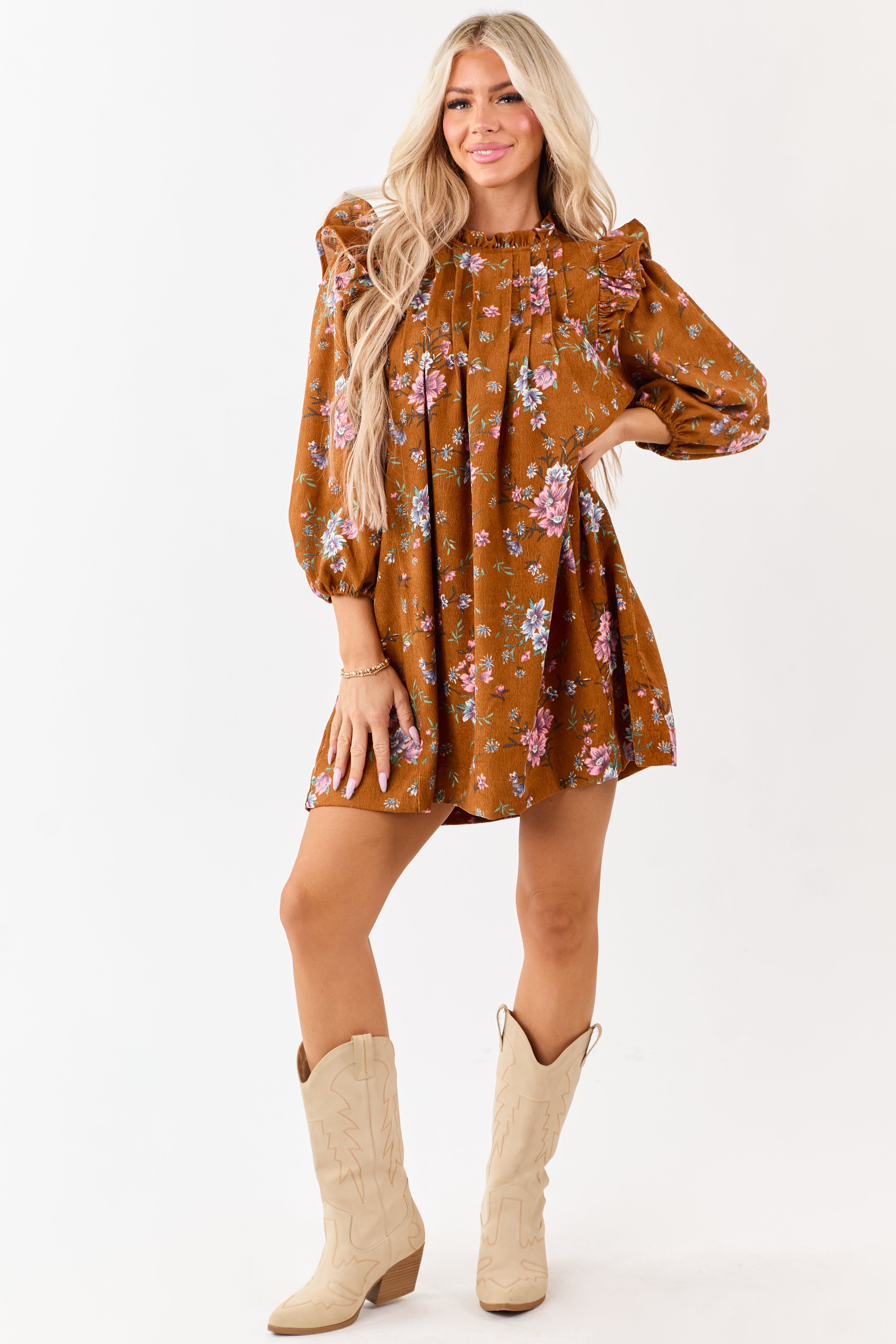 Sedona Floral Corduroy Pintuck Ruffle Mini Dress