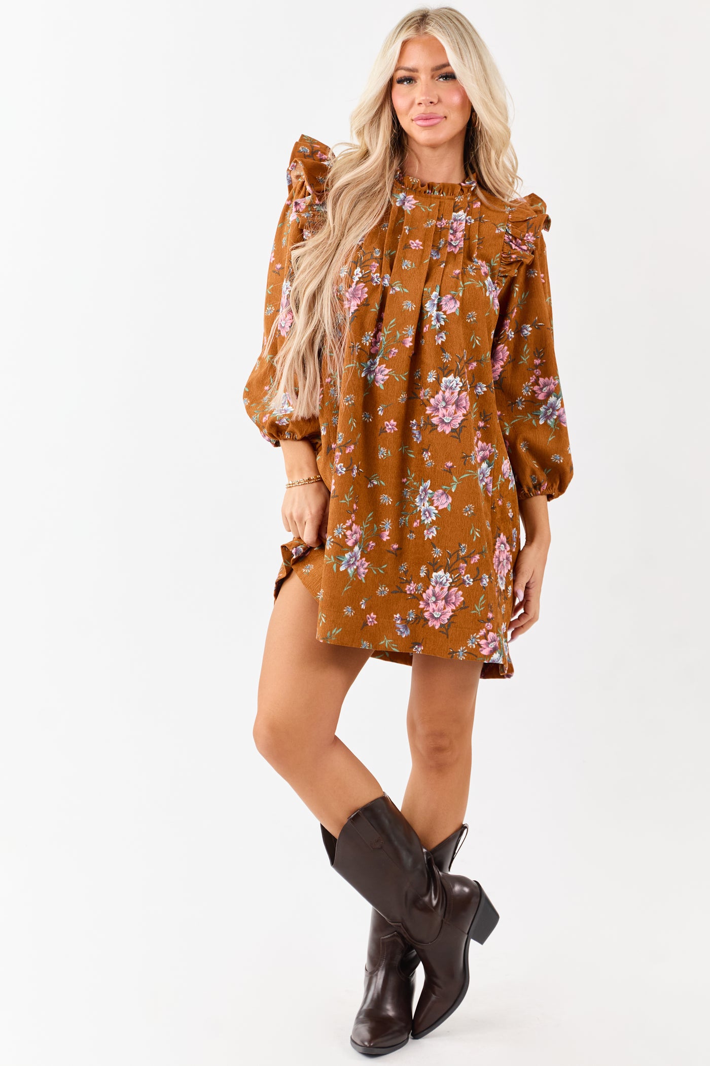 Sedona Floral Corduroy Pintuck Ruffle Mini Dress