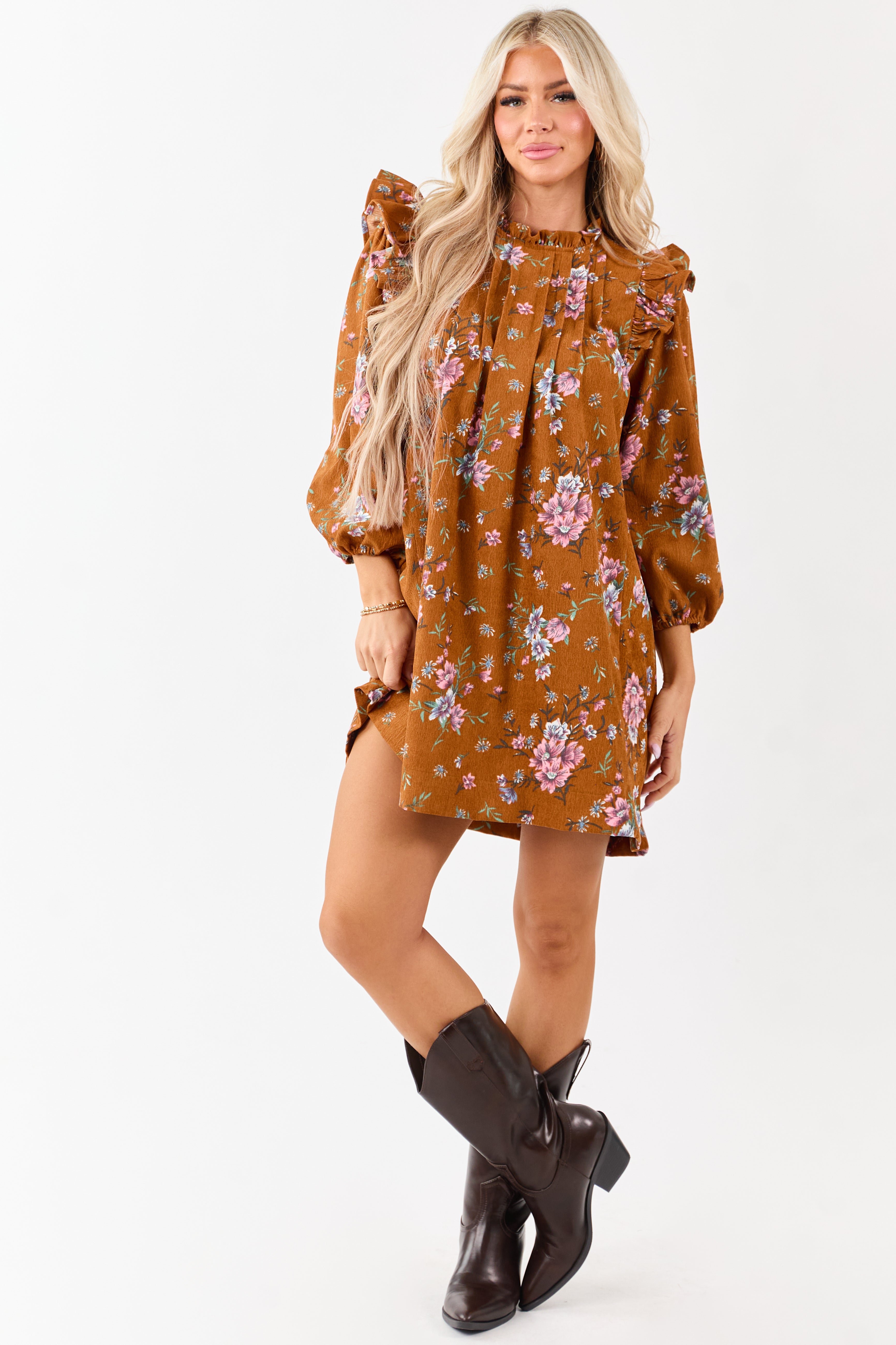 Sedona Floral Corduroy Pintuck Ruffle Mini Dress