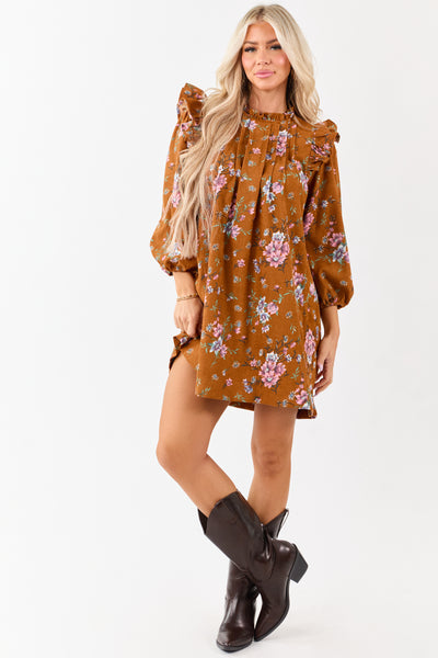 Sedona Floral Corduroy Pintuck Ruffle Mini Dress