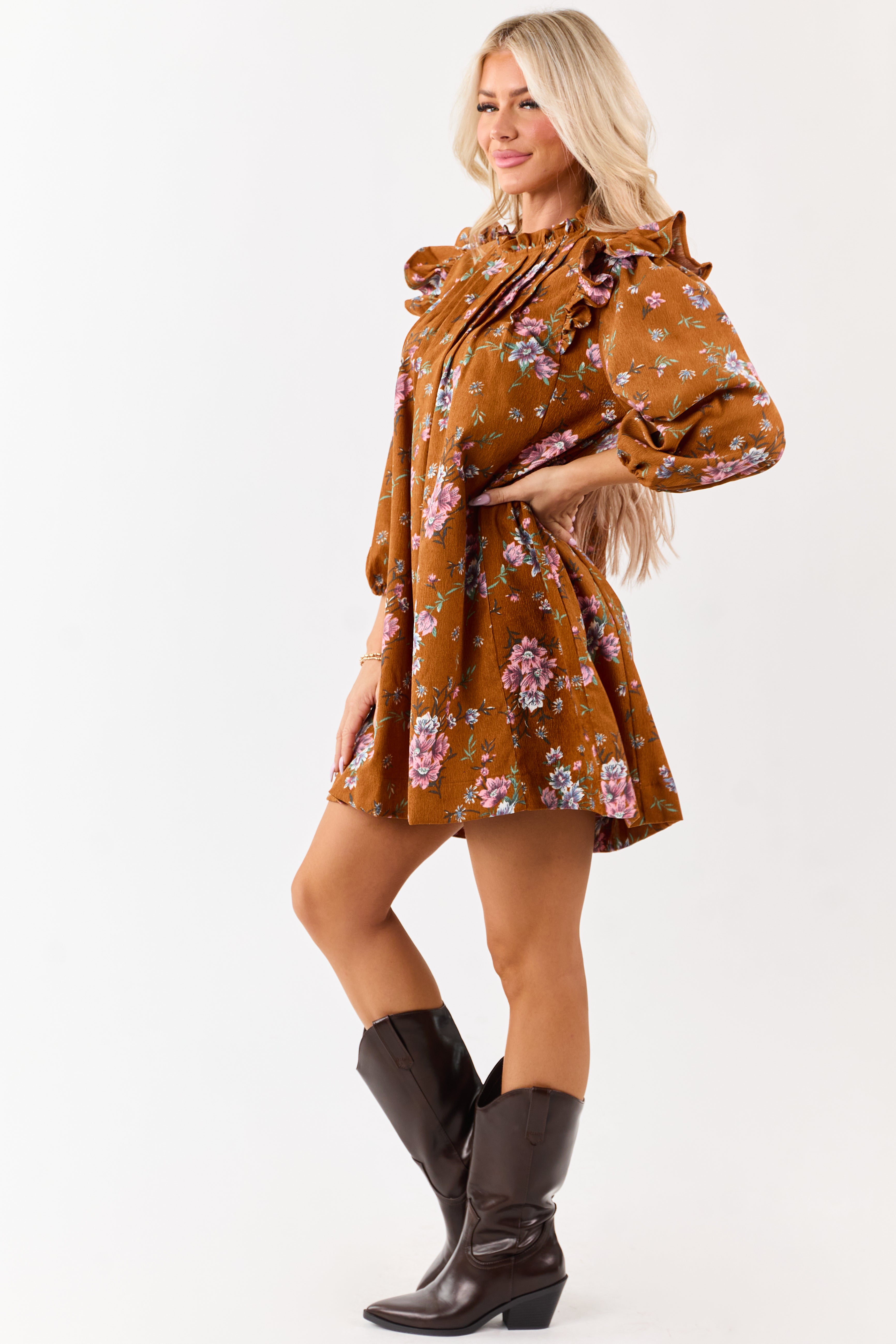 Sedona Floral Corduroy Pintuck Ruffle Mini Dress