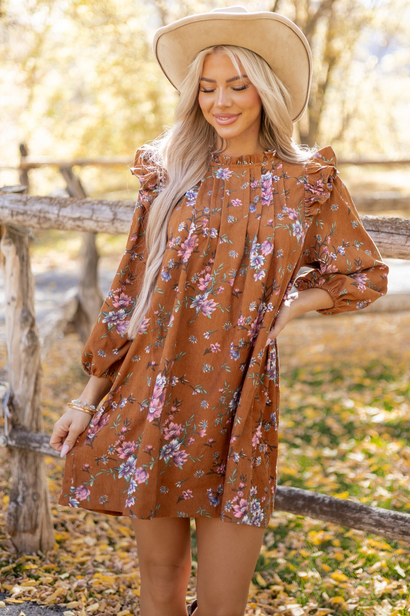 Sedona Floral Corduroy Pintuck Ruffle Mini Dress