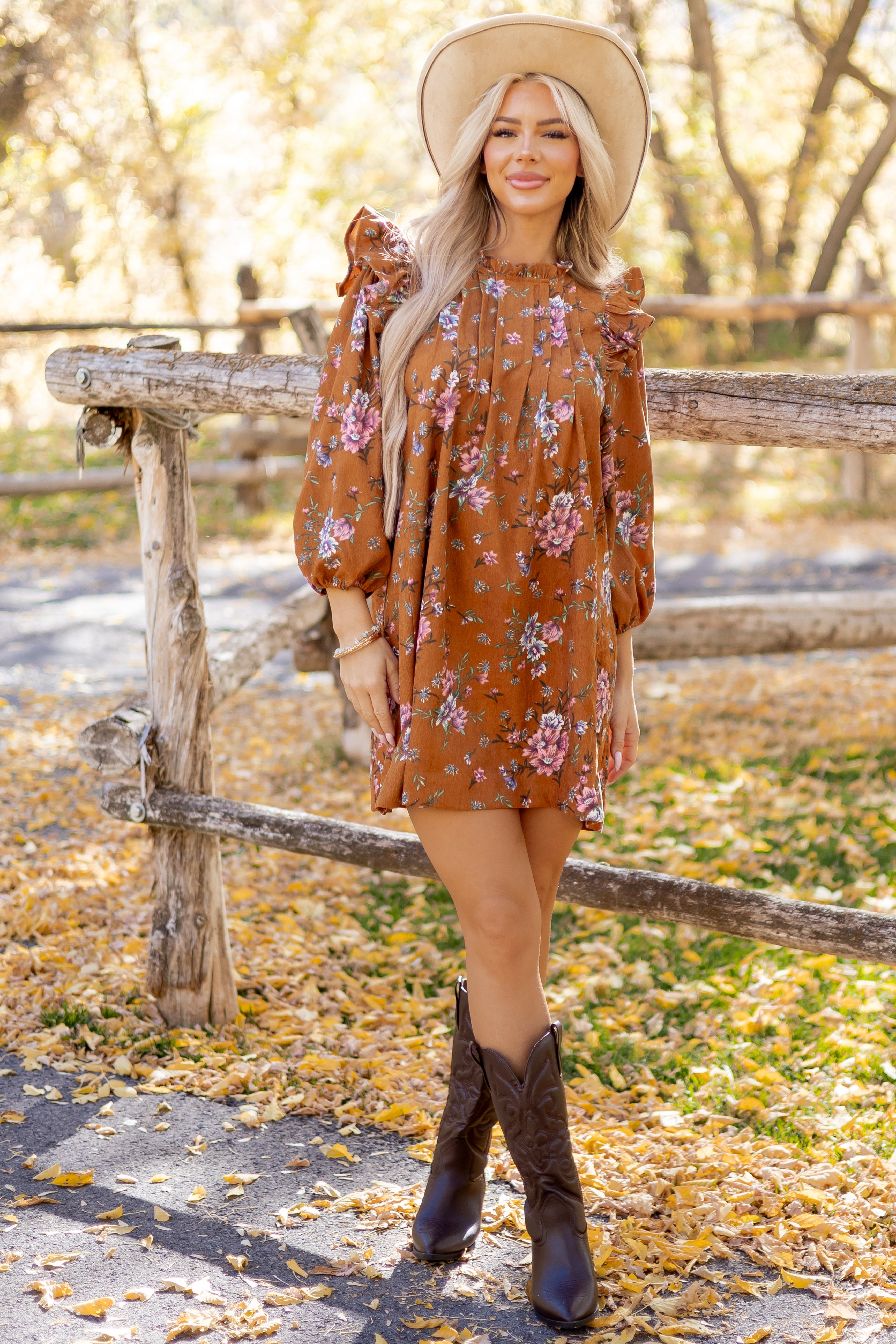 short brown floral dress Bountiful Harvest Short Dress
