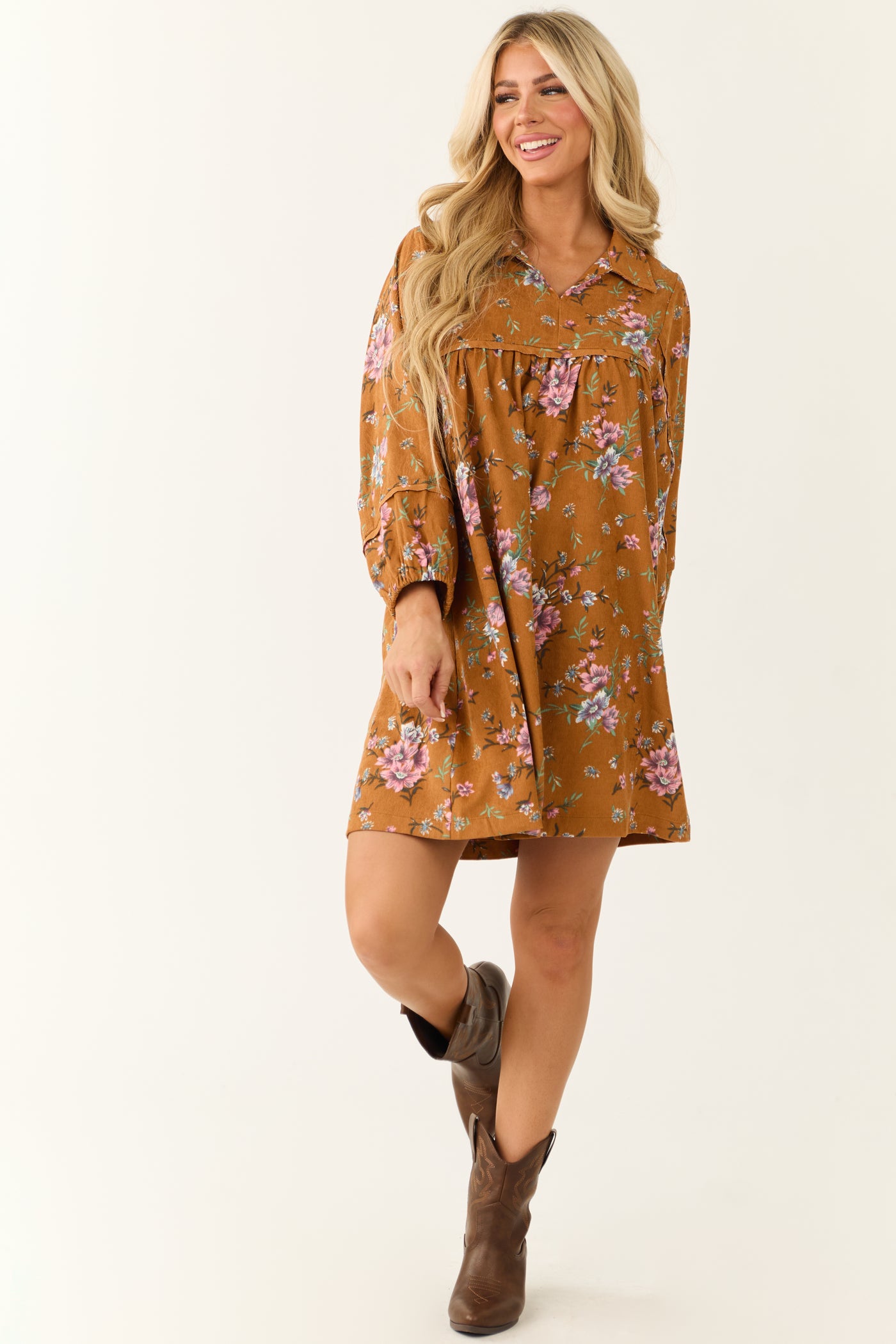 Sedona Floral Corduroy Long Sleeve Short Dress