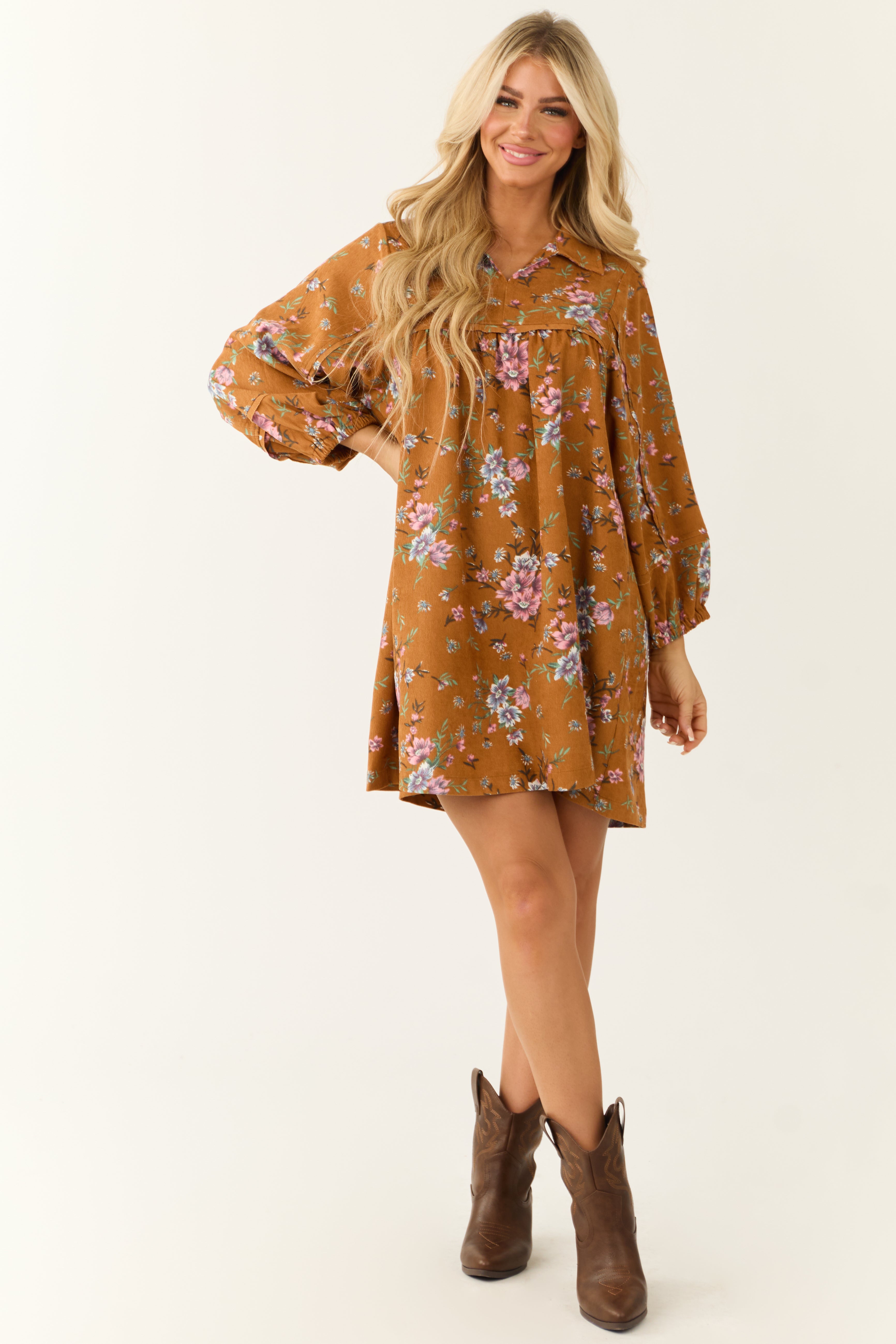 Sedona Floral Corduroy Long Sleeve Short Dress