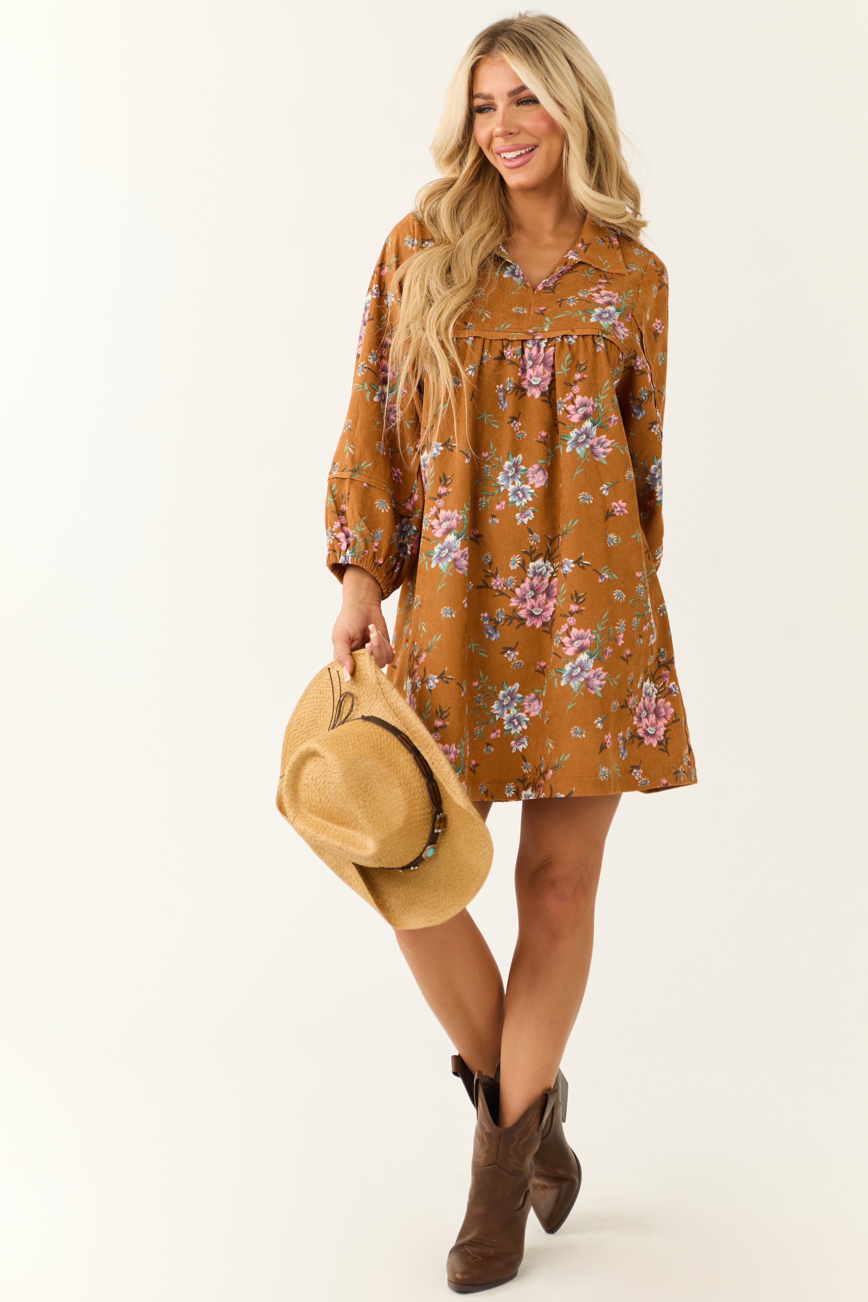 Sedona Floral Corduroy Long Sleeve Short Dress