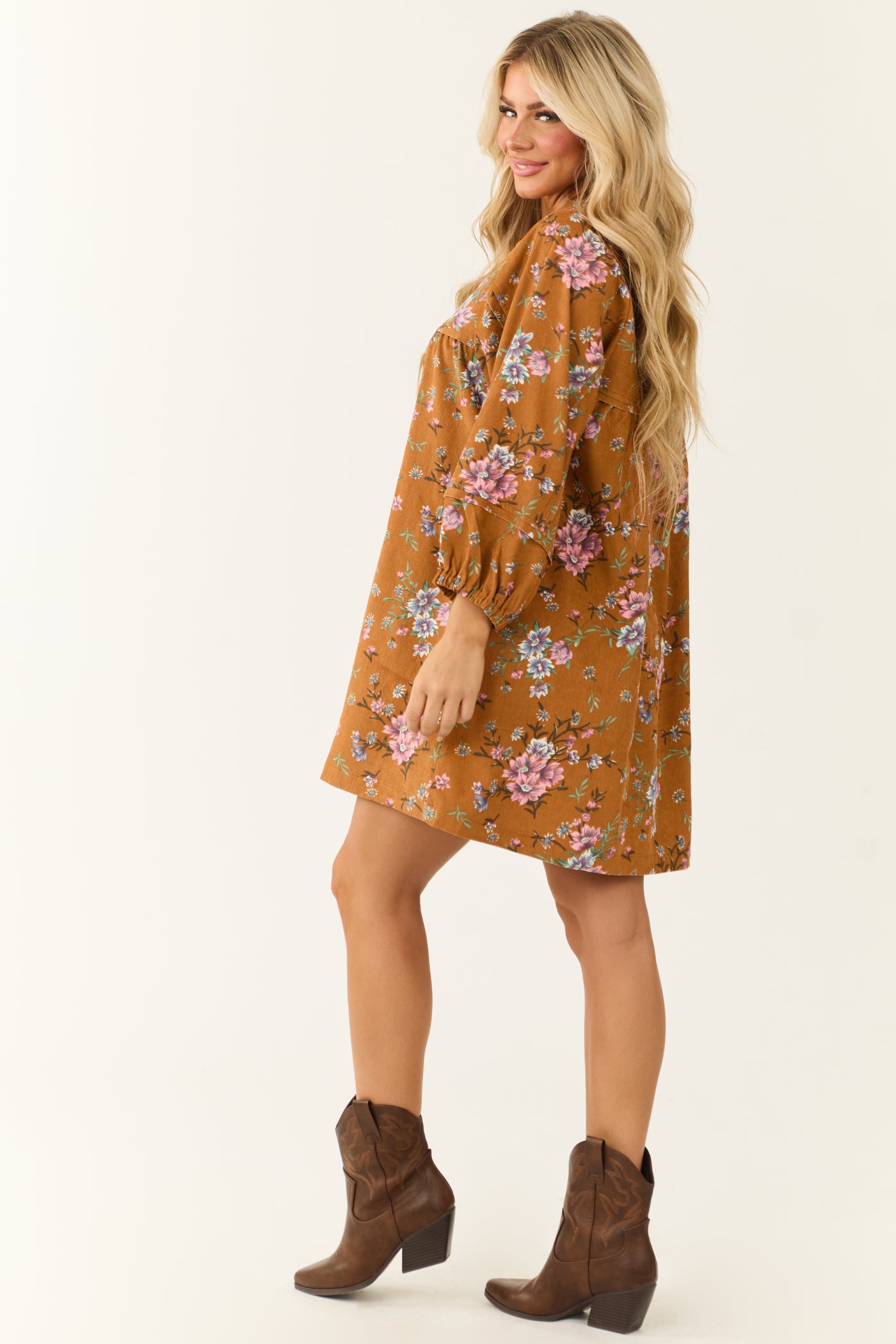 Sedona Floral Corduroy Long Sleeve Short Dress