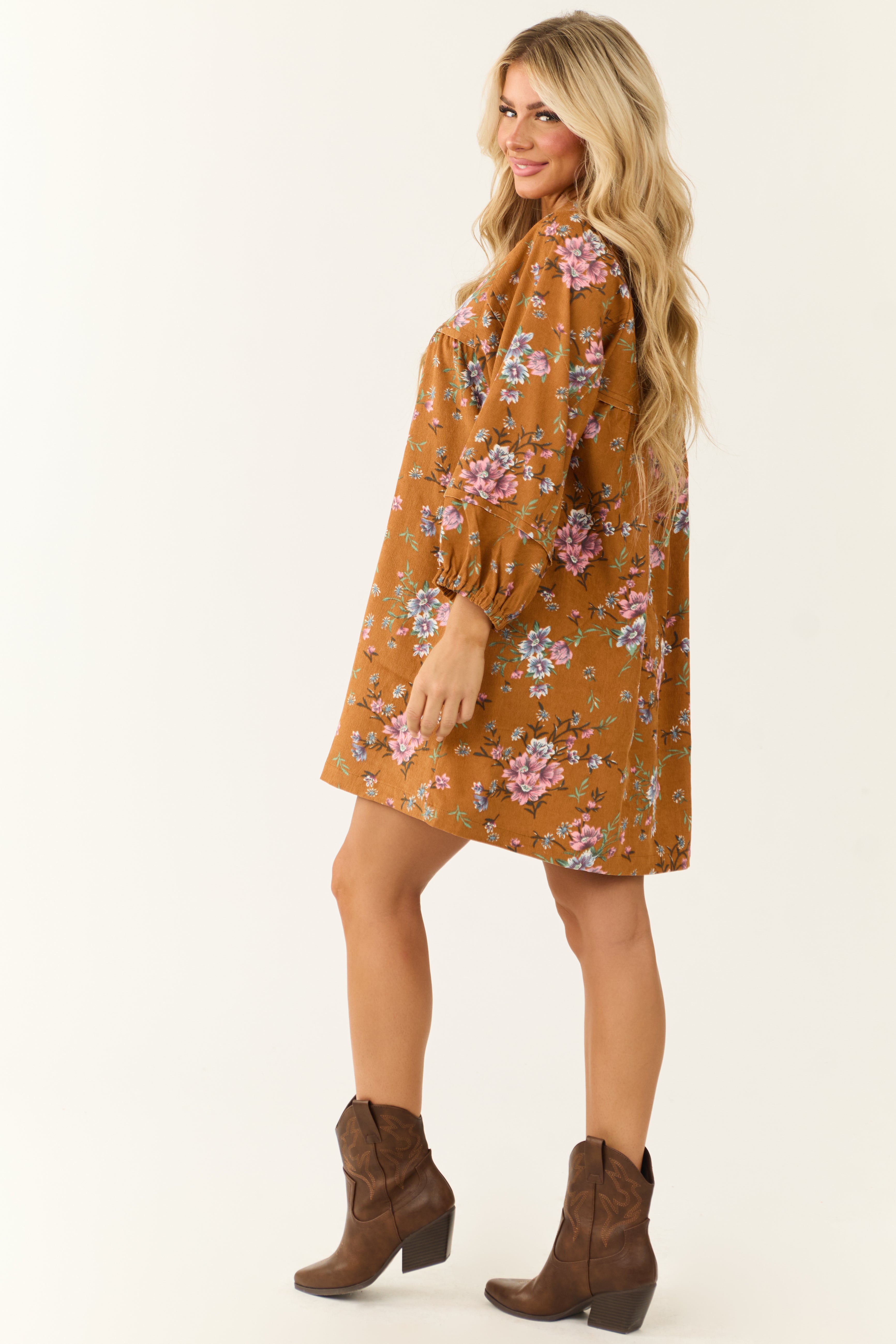 Sedona Floral Corduroy Long Sleeve Short Dress