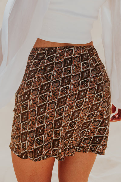 Sepia Abstract Print Side Slit Mini Skirt