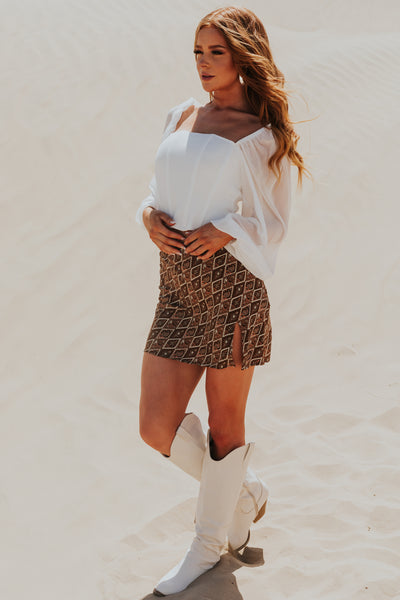 Sepia Abstract Print Side Slit Mini Skirt